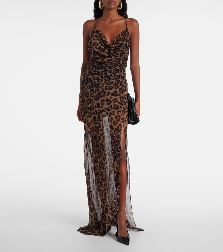 Blumarine Leopard-Print Silk Maxi Dress in Brown | Lyst