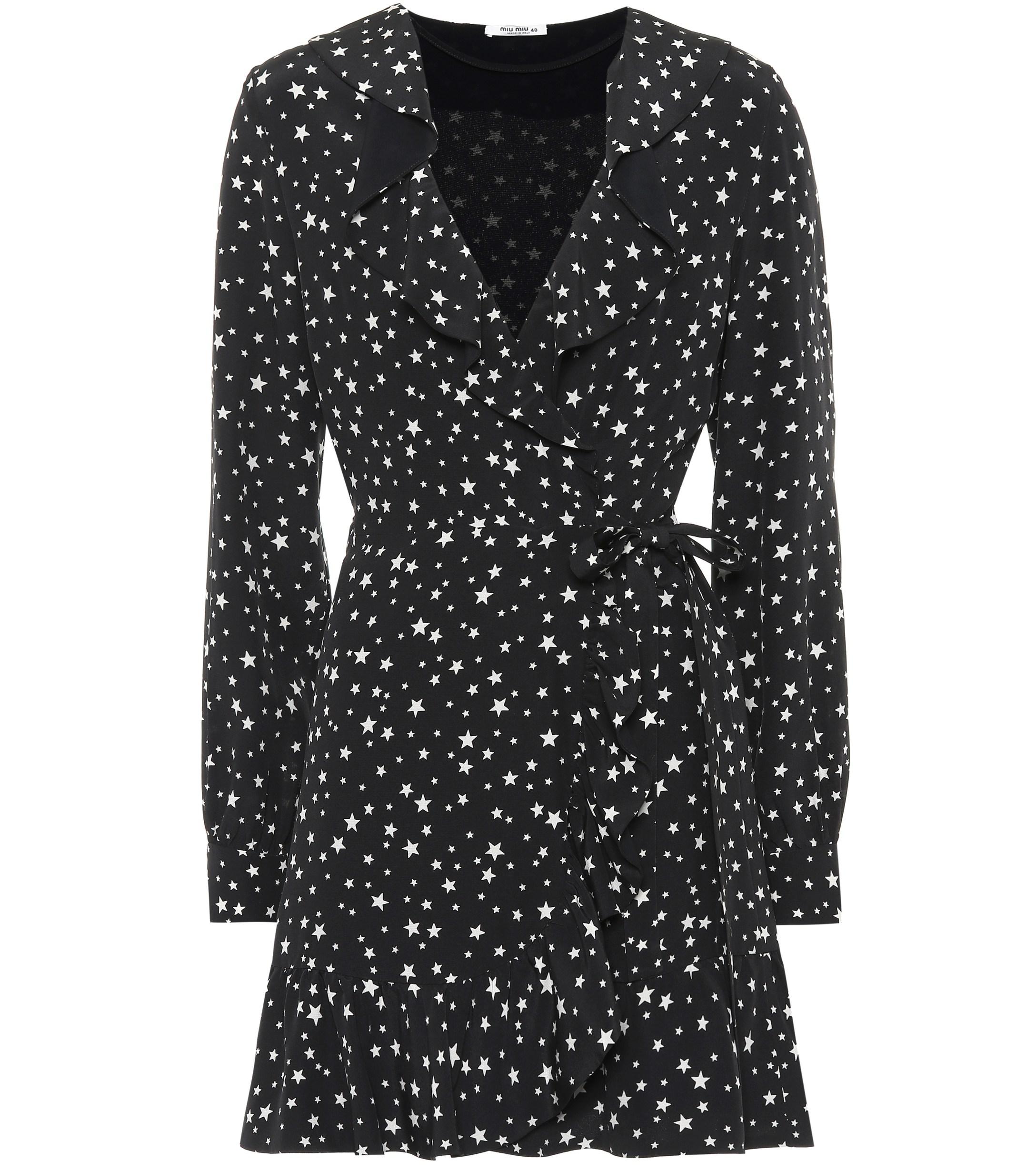 Miu Miu Star-printed Silk Wrap Dress in Black - Save 30% - Lyst