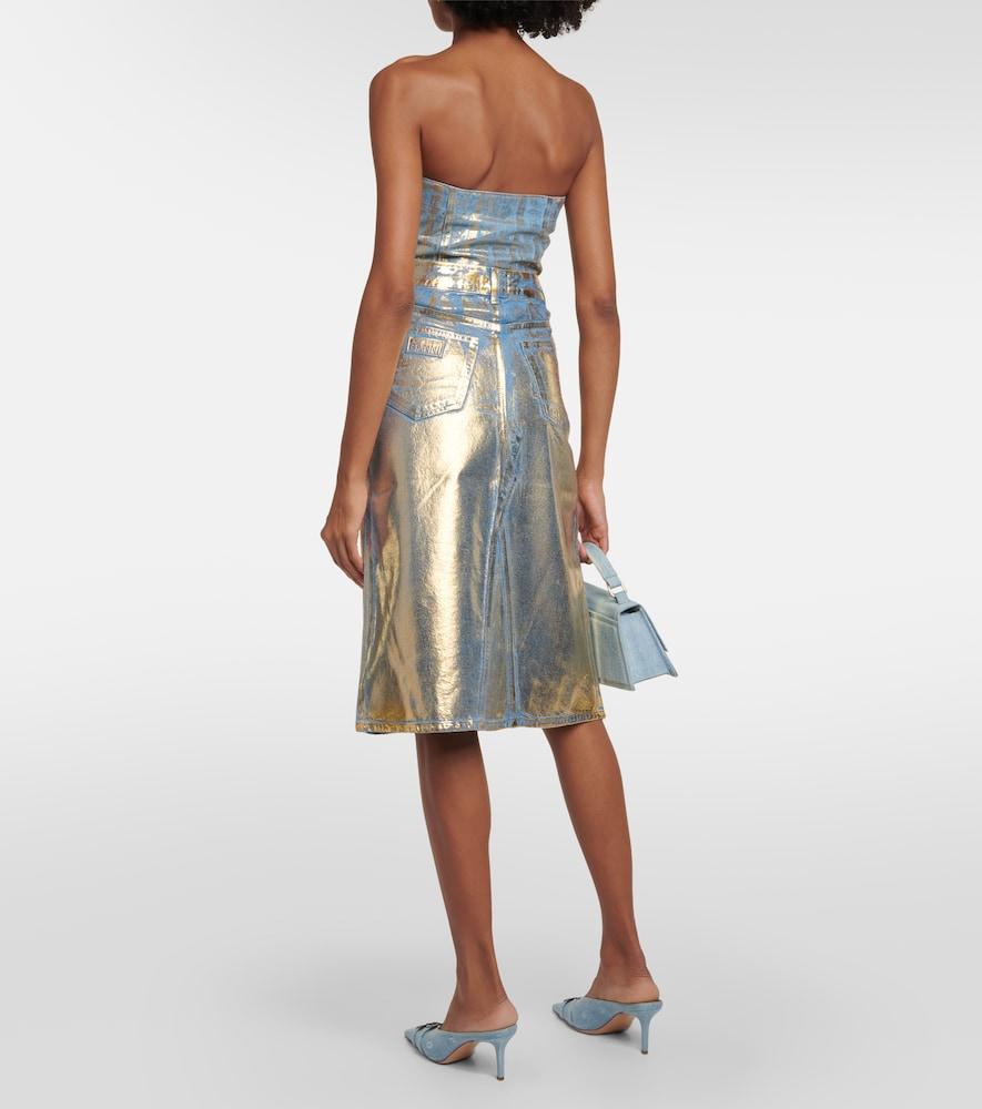 Ganni Gold foiled Denim Midi Skirt in Blue Lyst