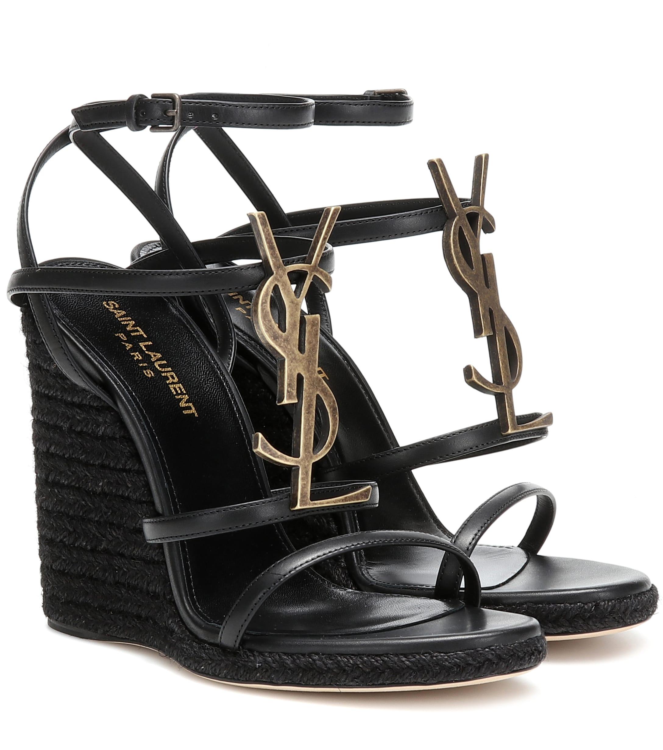 Saint Laurent Cassandra Leather Wedge Espadrille Sandals in Black - Lyst