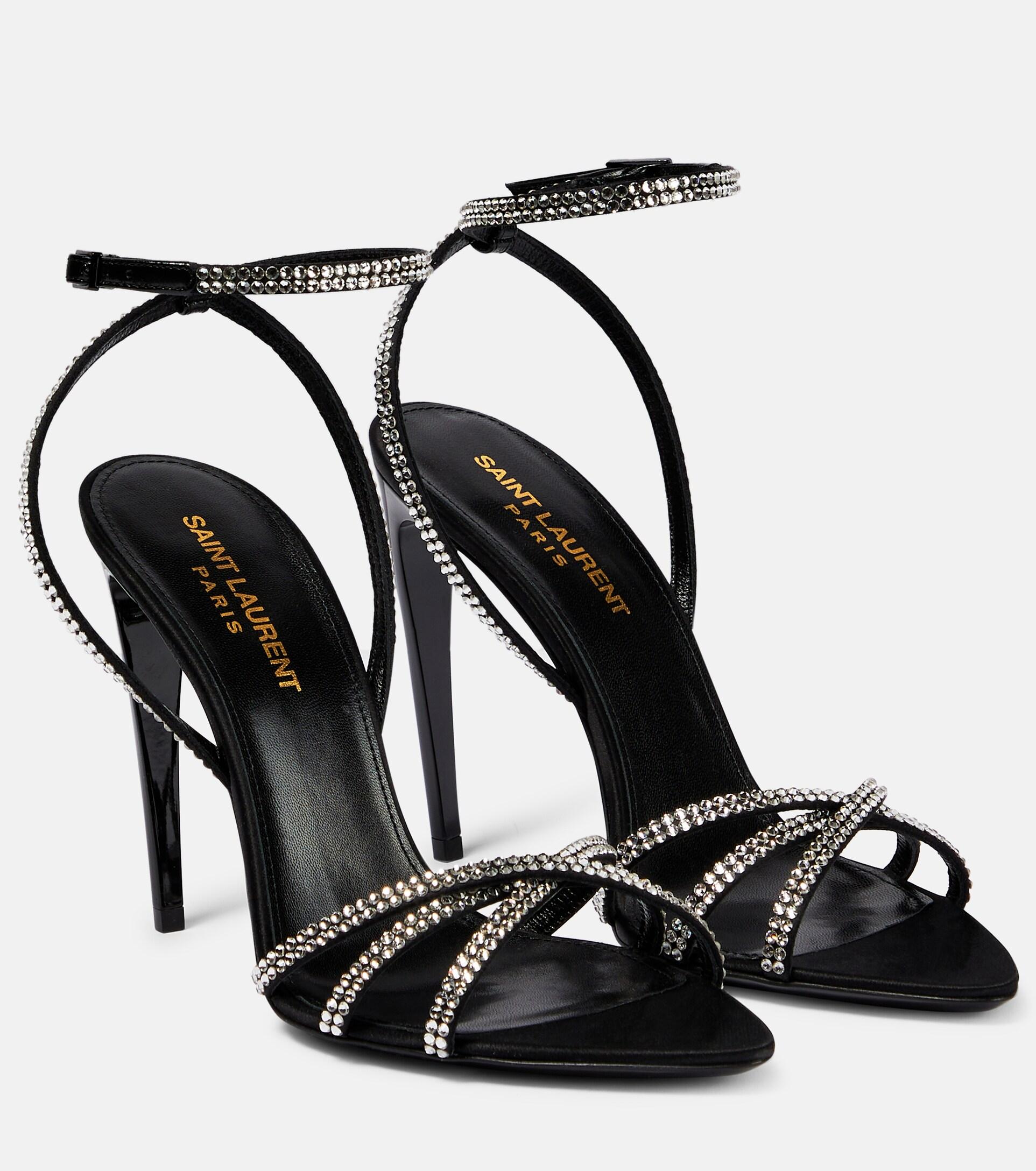 Saint Laurent Ava 105 Embellished Satin Sandals in Black | Lyst