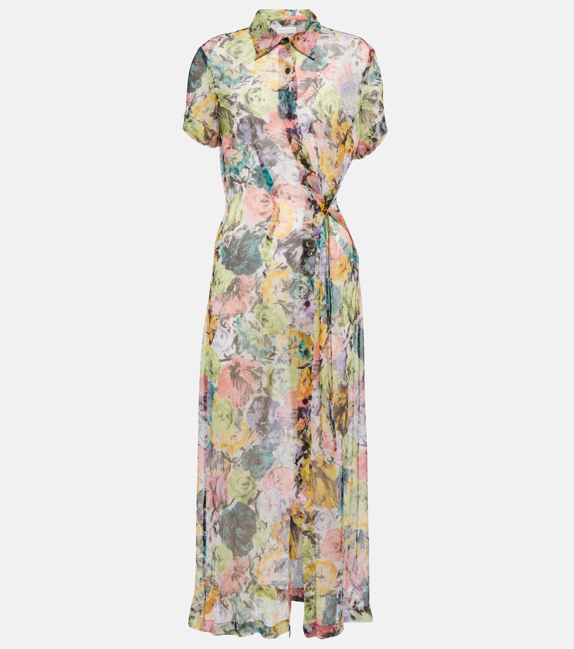 Dries Van Noten Floral Silk Shirt Dress in Metallic | Lyst