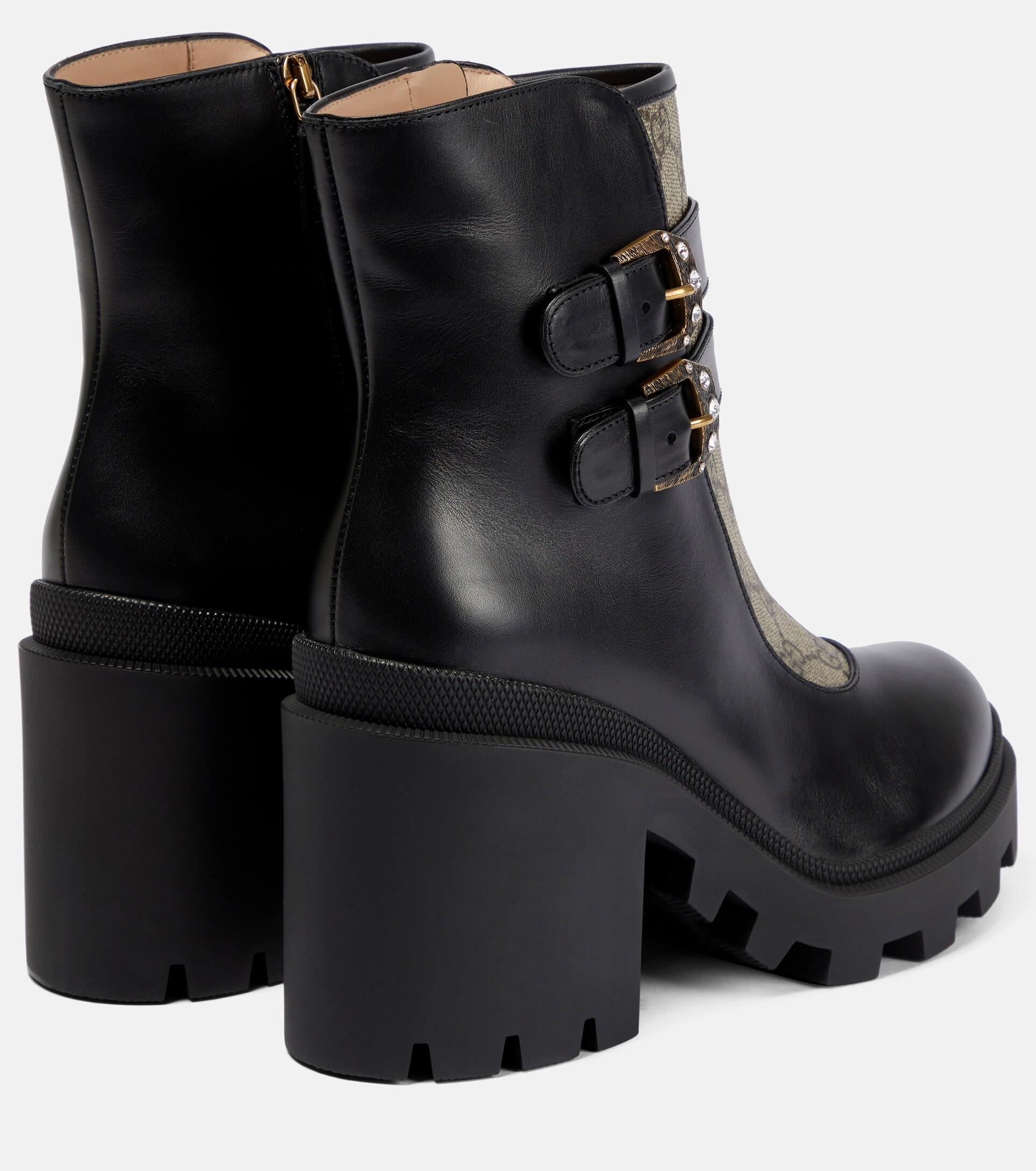 Women's ankle boot with Double G in leather and GG canvas