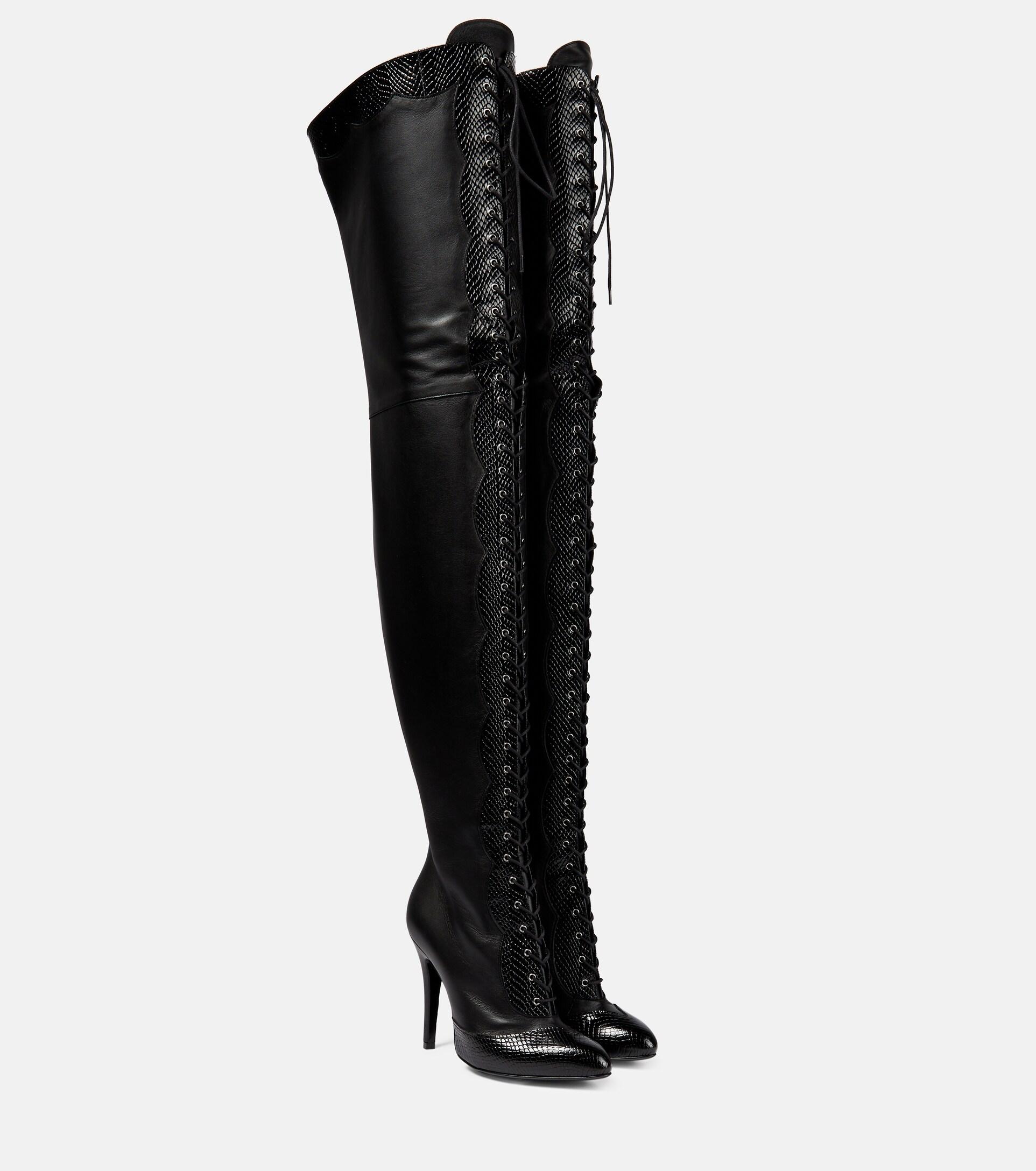 Gucci Lace-up Leather Over-the-knee Boots in Black | Lyst