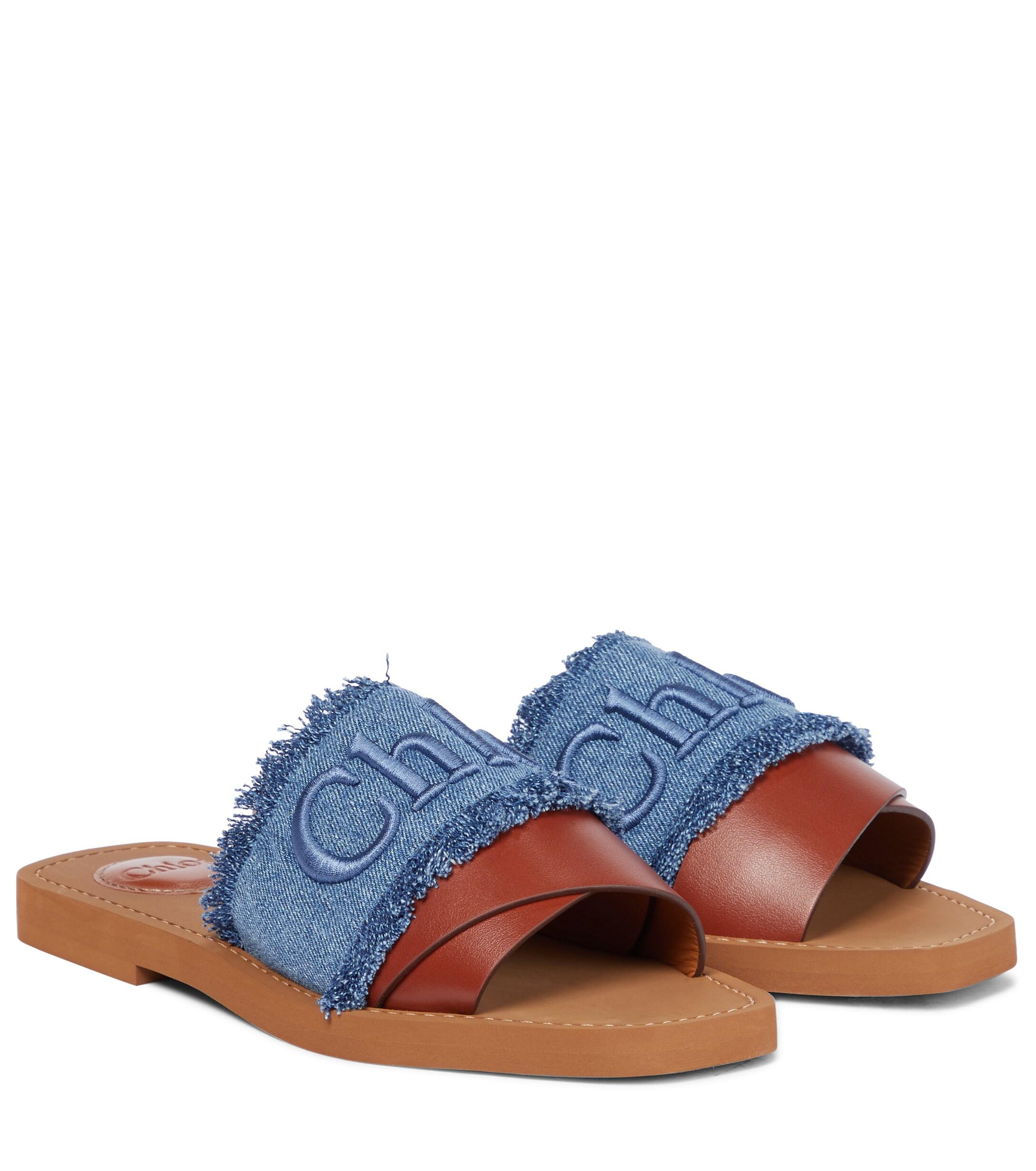 Chloé Woody Denim And Leather Slides in Blue | Lyst