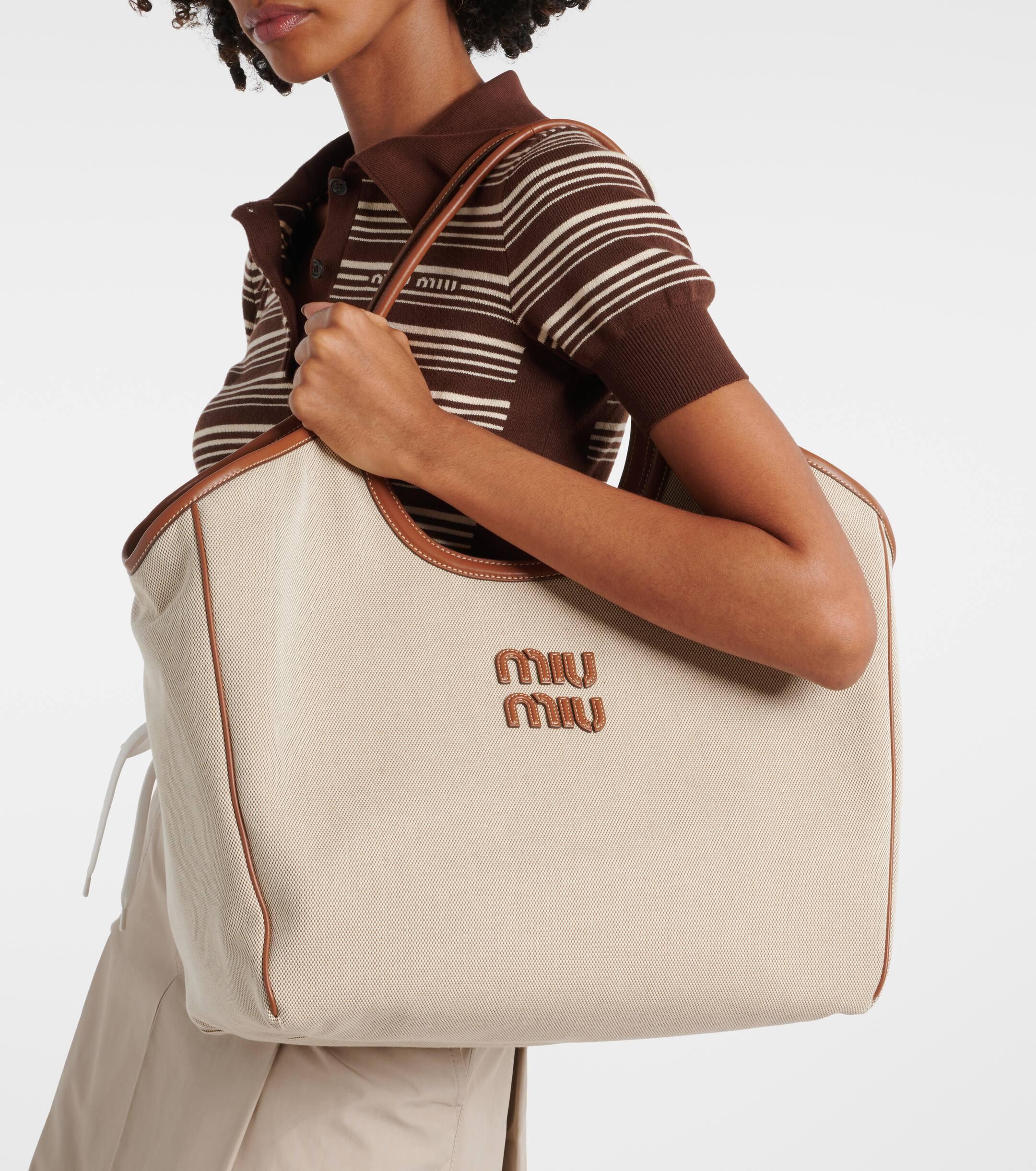 Miu Miu Ivy Large Leather-trimmed Canvas Tote Bag in White Lyst UK