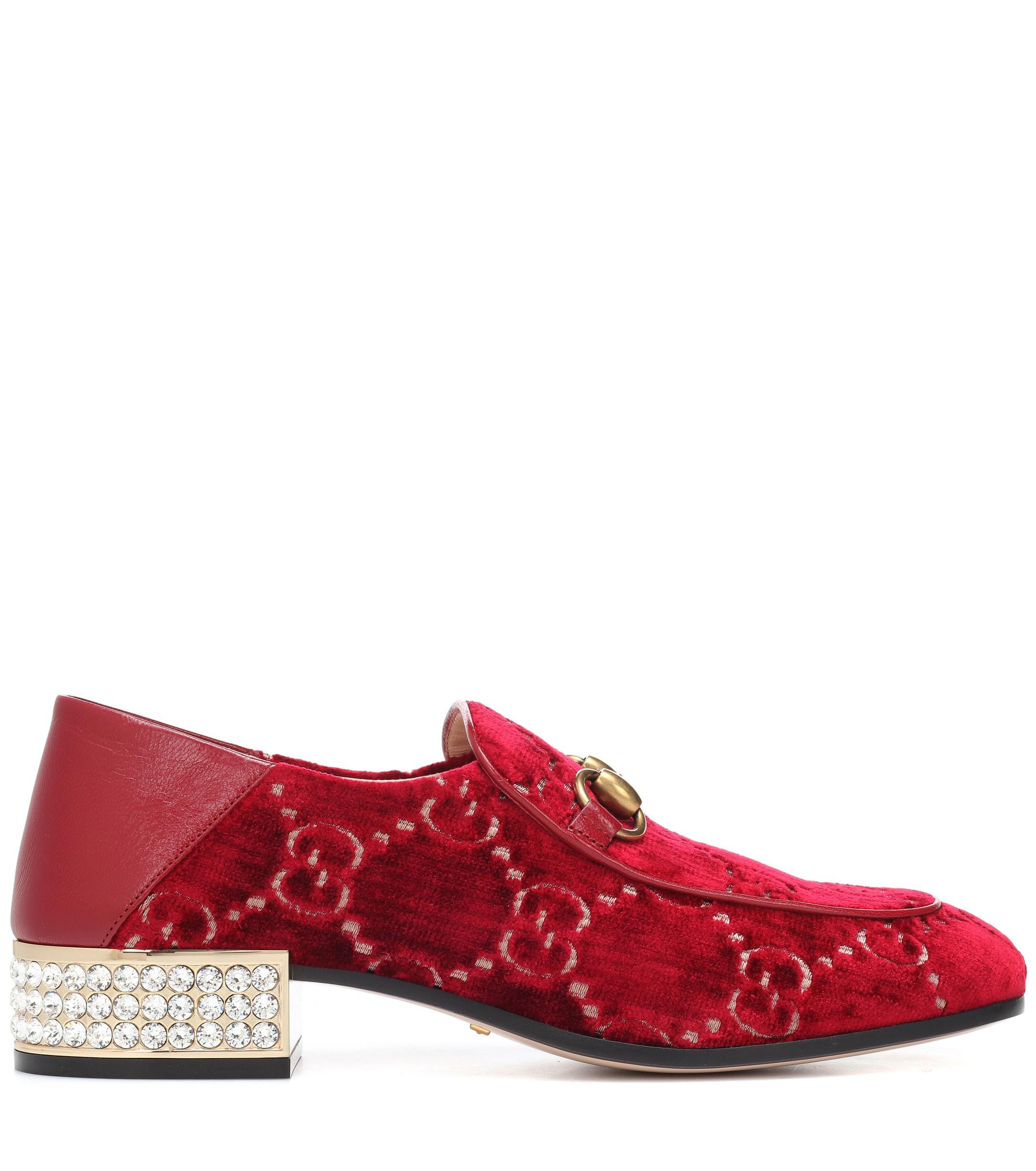 Gucci GG Embellished Velvet Loafers in Red - Lyst