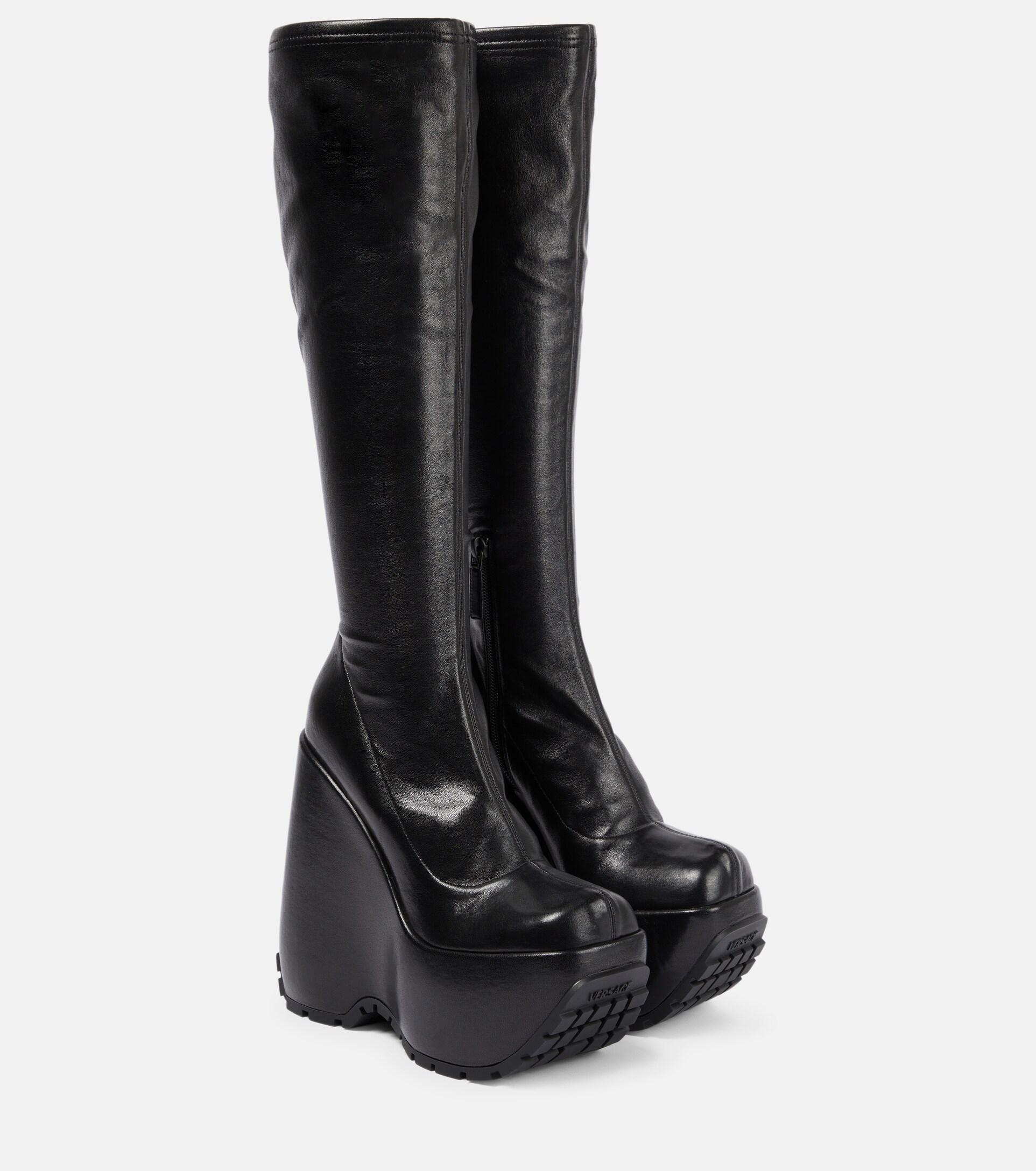 Versace Triplatform Leather Knee-high Boots in Black | Lyst