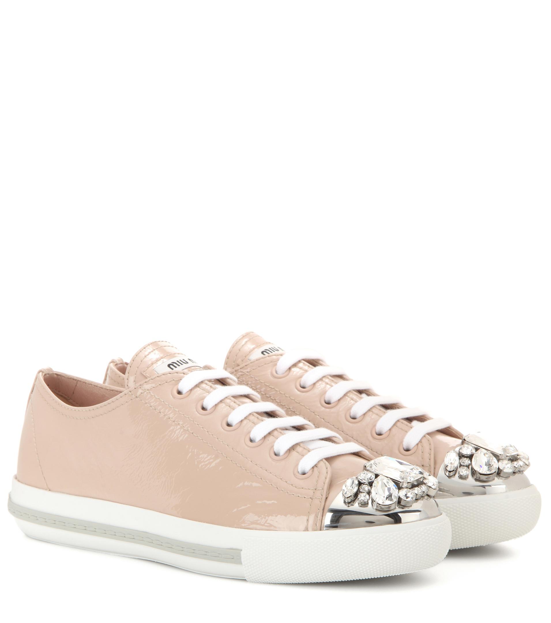 Miu Miu Crystal-Embellished Patent Leather Sneakers in Natural - Lyst