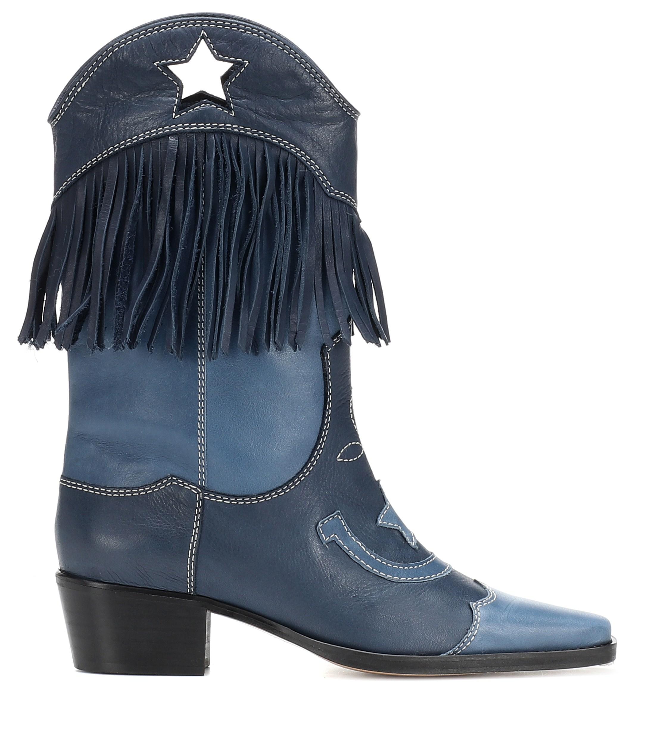 Ganni Texas Fringes Leather Cowboy Boots in Blue | Lyst