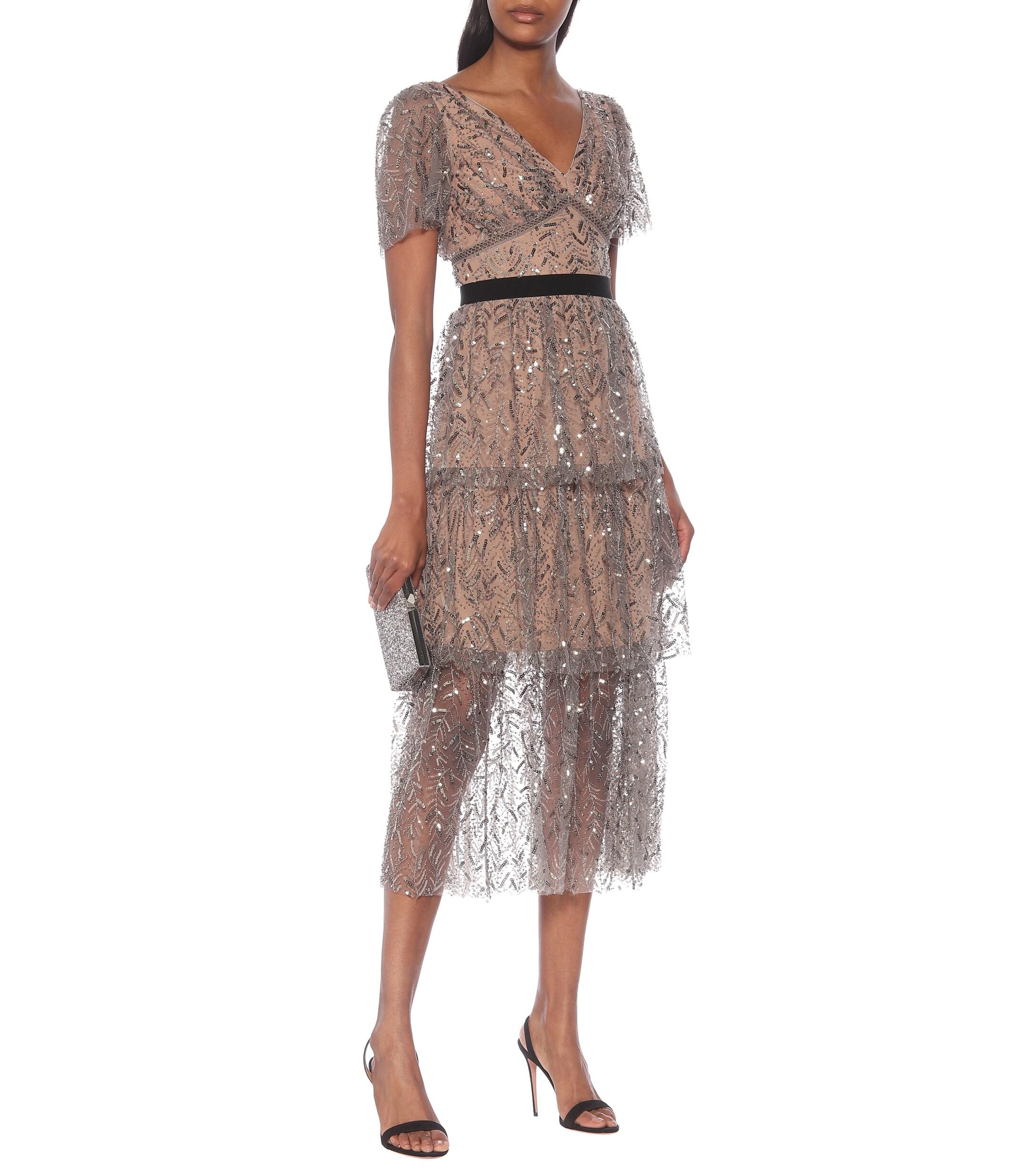 Self-Portrait Tulle Sequined Mesh Midi Dress in Grey (Gray) - Lyst