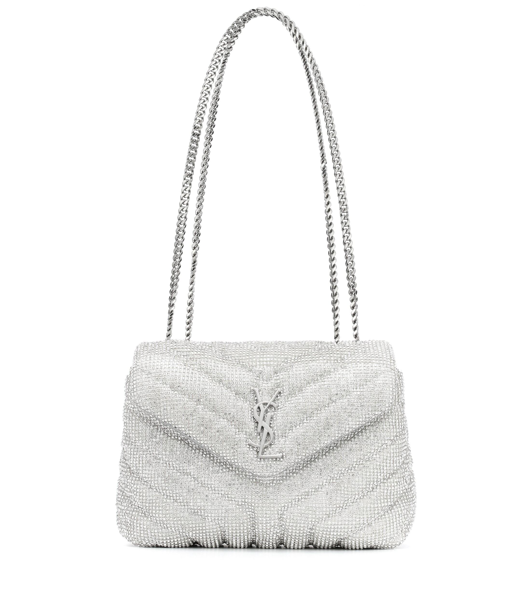 Saint Laurent Loulou Small Crystal Shoulder Bag in White