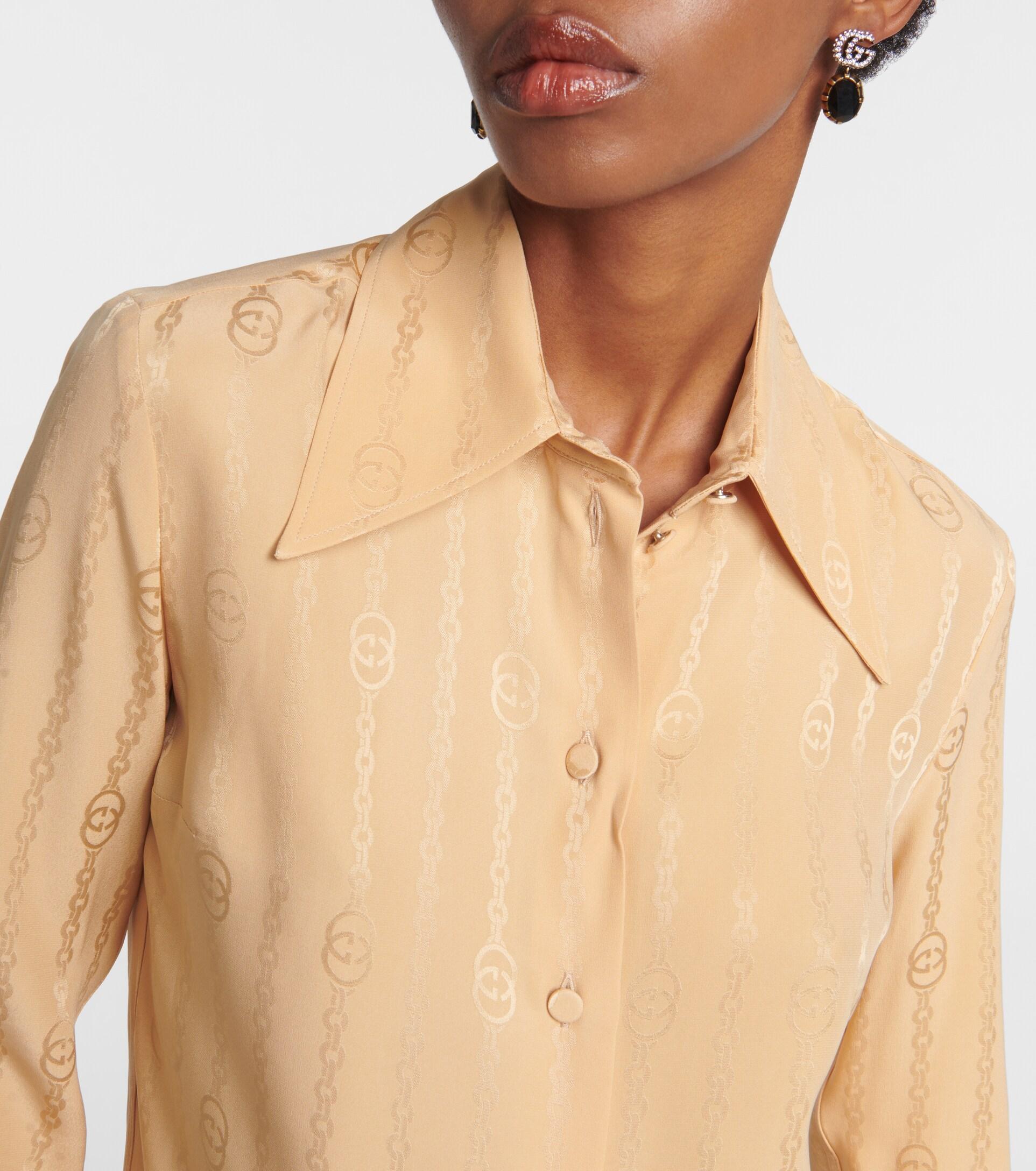 Brown Gucci Silk GG Monogram Silk Button Down Shirt