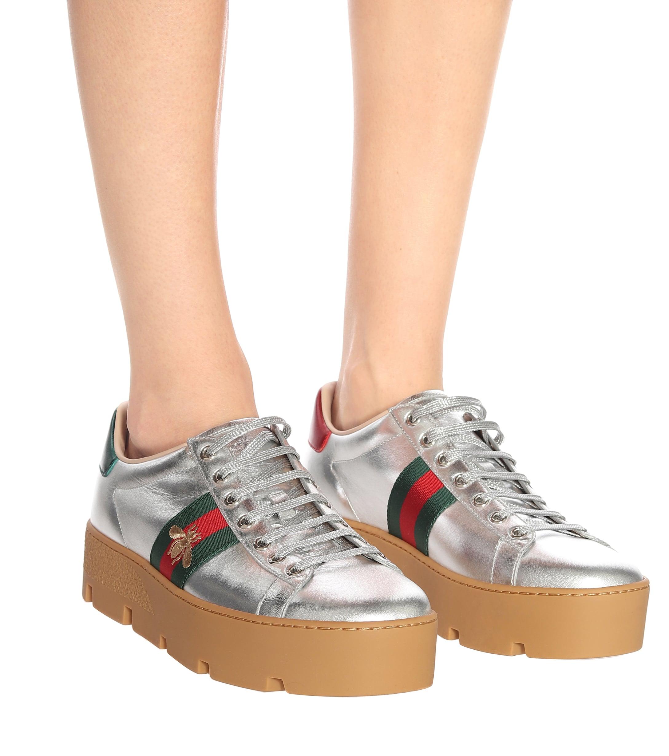 Gucci Ace Leather Platform Sneakers in Silver (Metallic) - Lyst