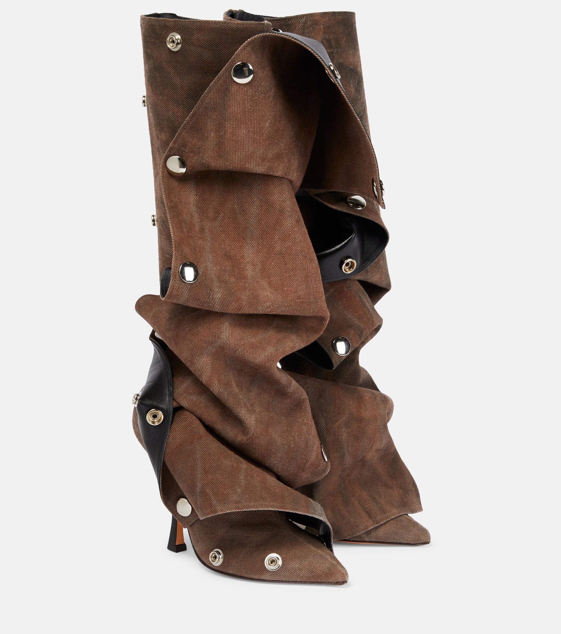 Y. Project Applique Denim Kneehigh Boots in Brown Lyst