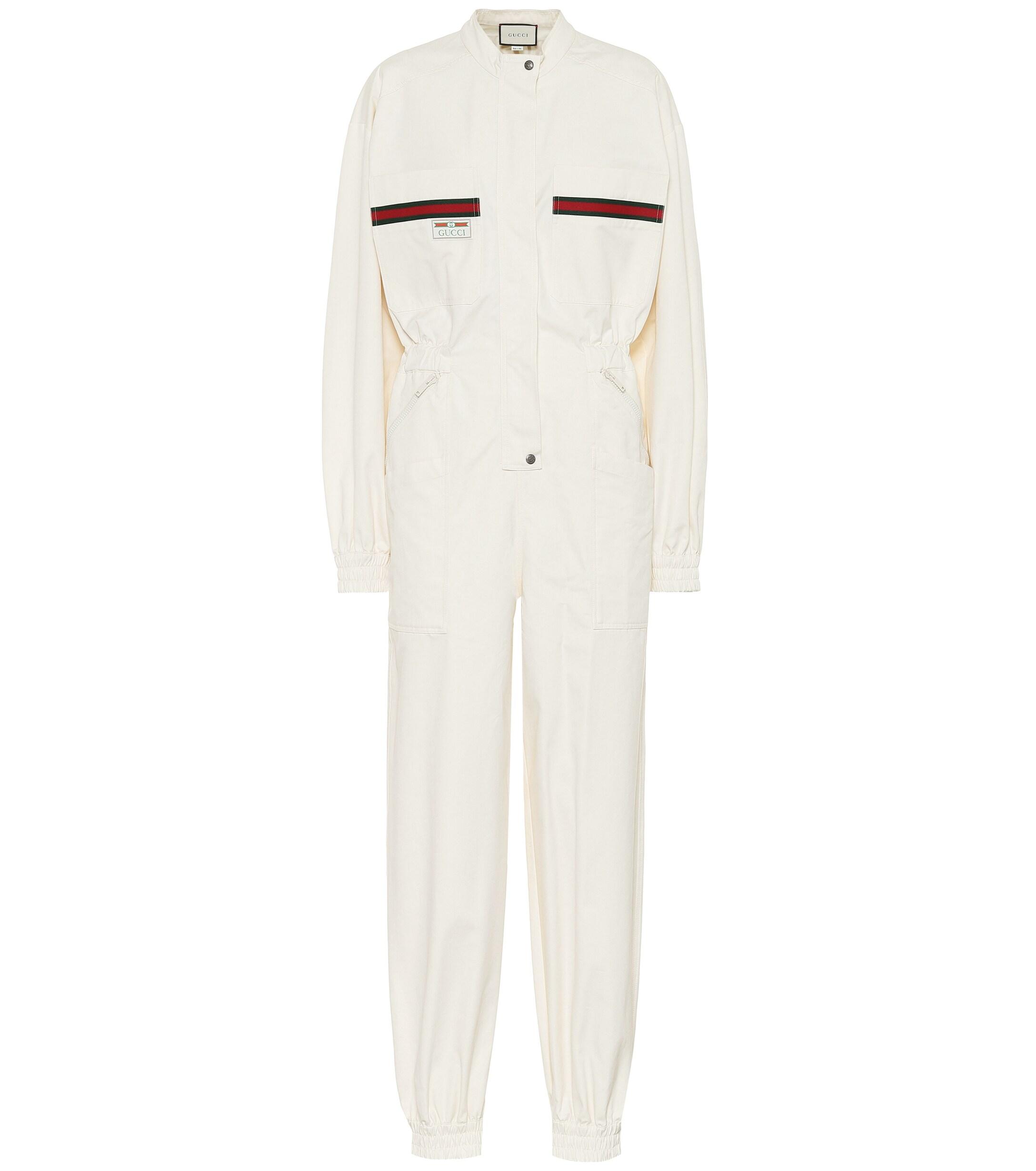 Gucci Embroidered Stripe-trim Cotton Jumpsuit in Natural | Lyst