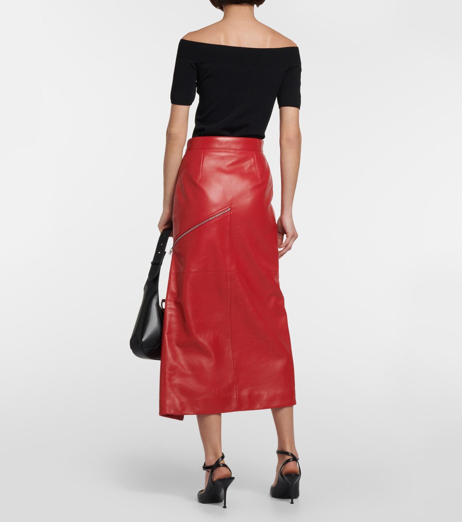 Alexander McQueen Asymmetric Leather Midi Skirt in Red | Lyst