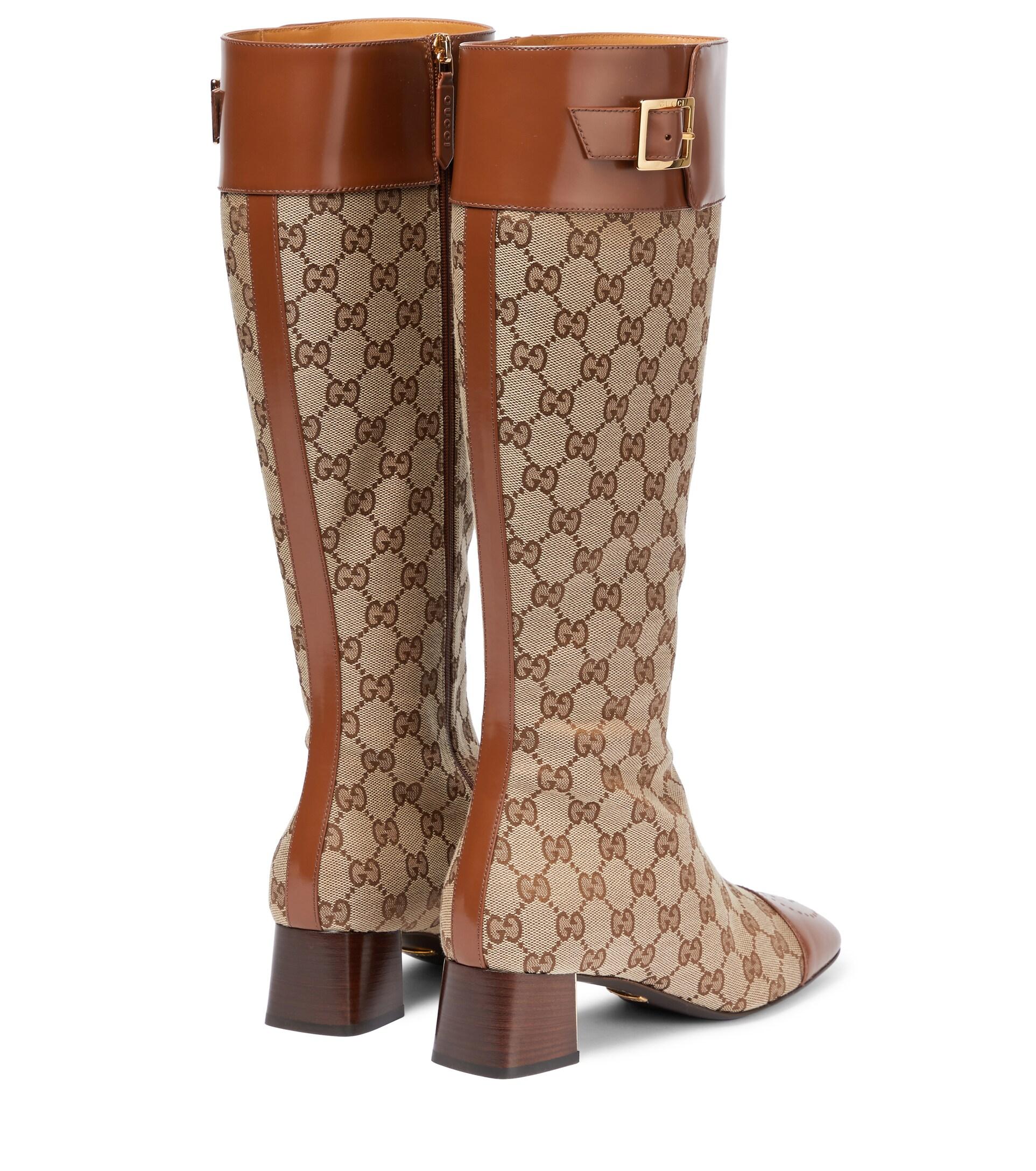 Gucci Canvas GG Supreme Leather-trimmed Knee-high Boots in Brown | Lyst