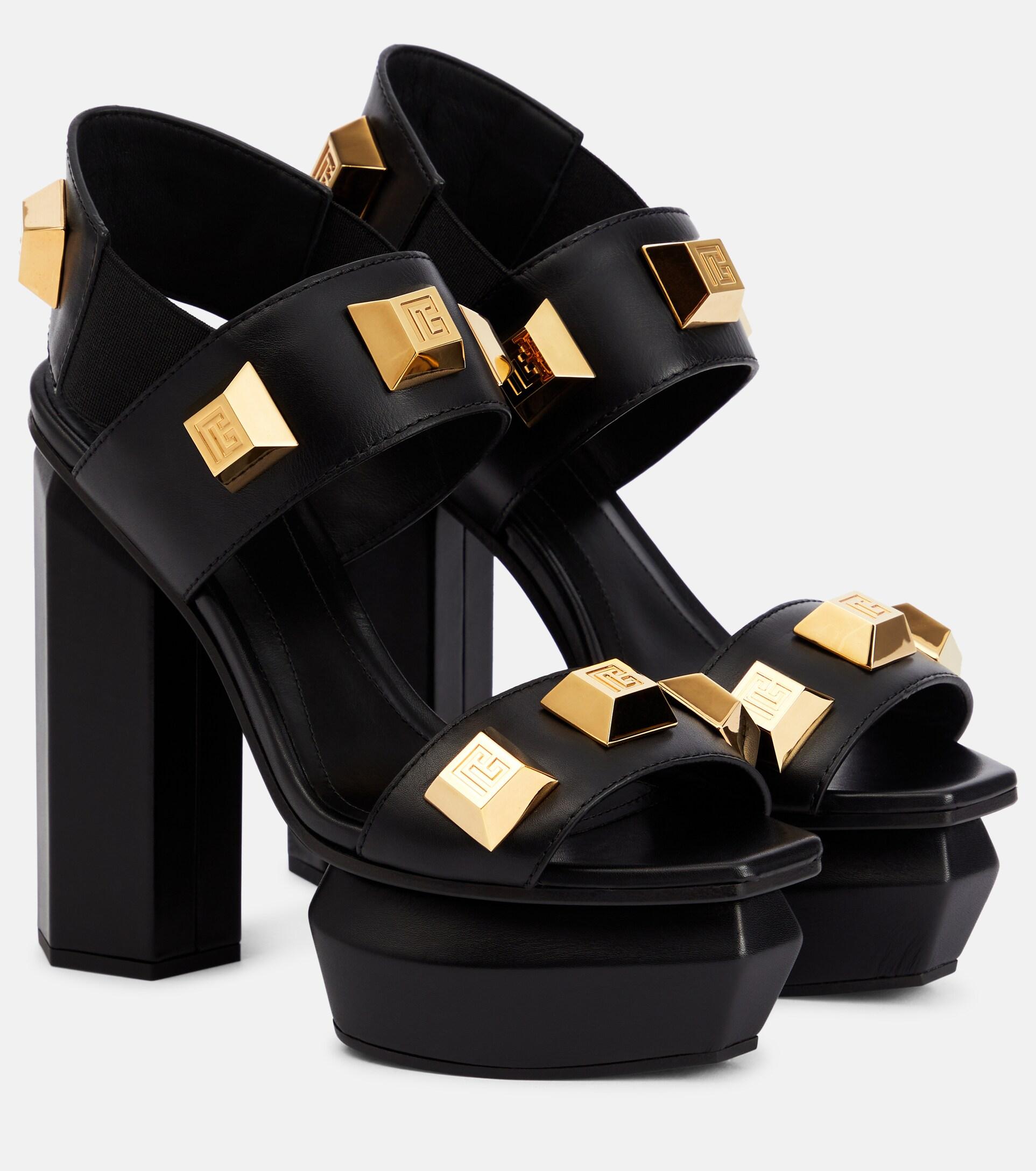 Balmain Ava Embellished Leather Platform Sandals in Black | Lyst