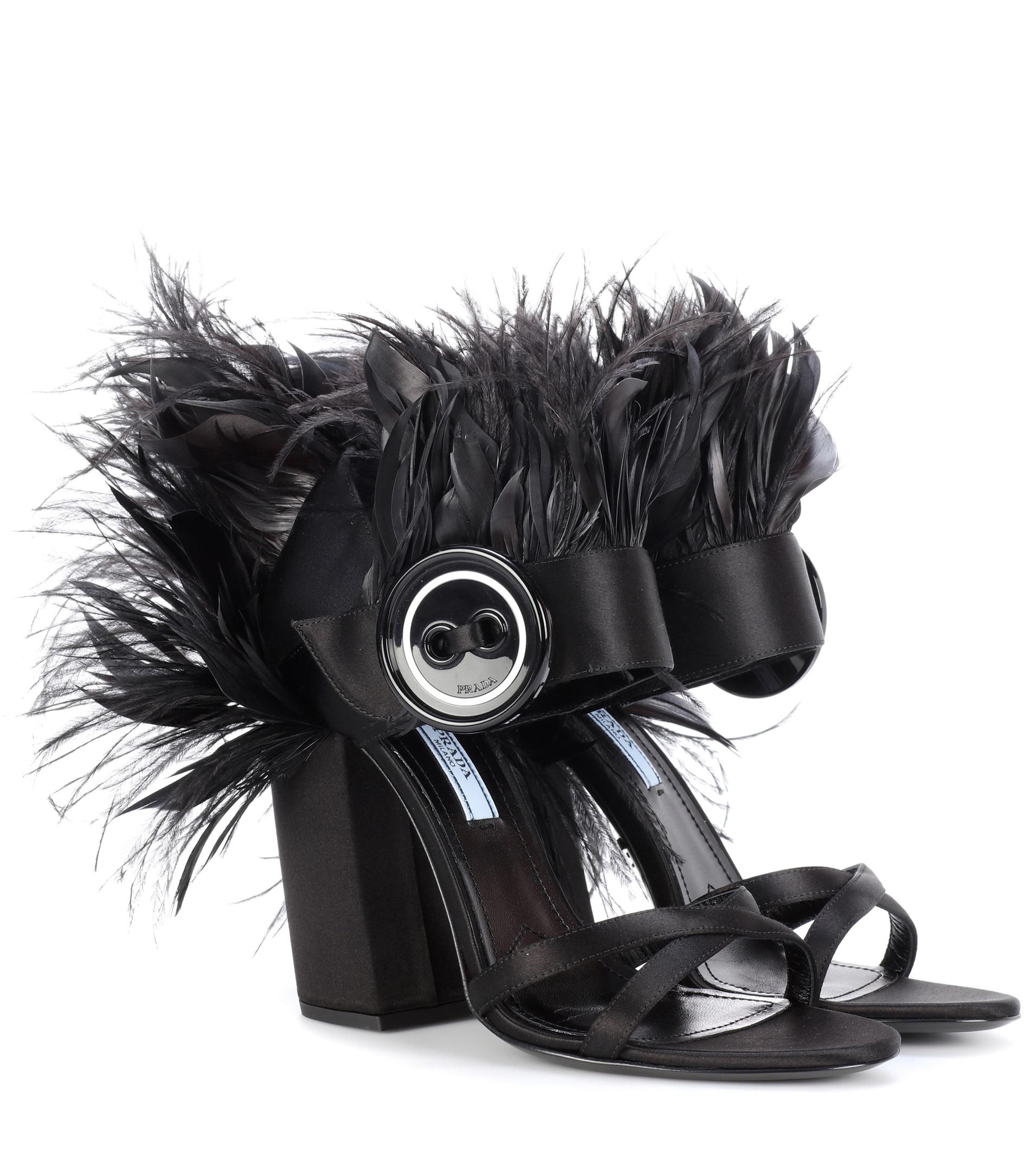 Prada Feather-trimmed Satin Sandals in Black | Lyst