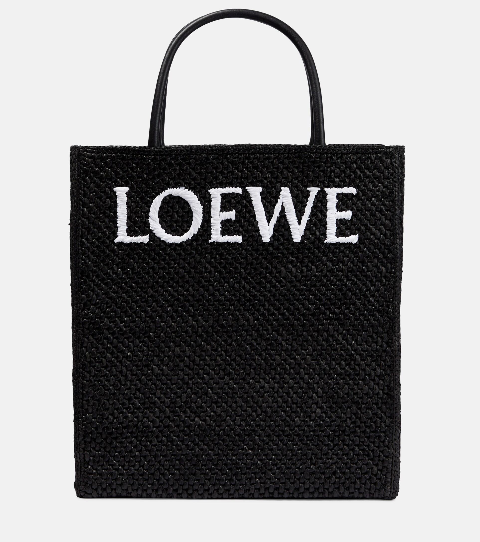 Loewe Logo Leather-trimmed Raffia Tote Bag in Black