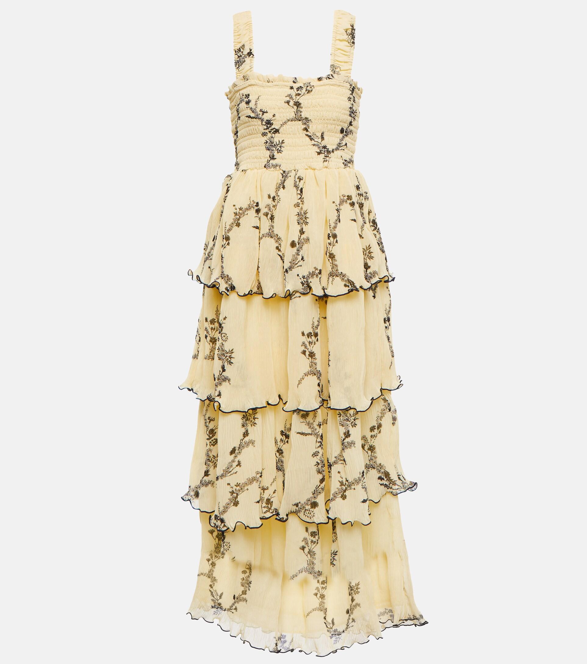 Ganni Floral Pleated Georgette Midi Dress in Metallic | Lyst