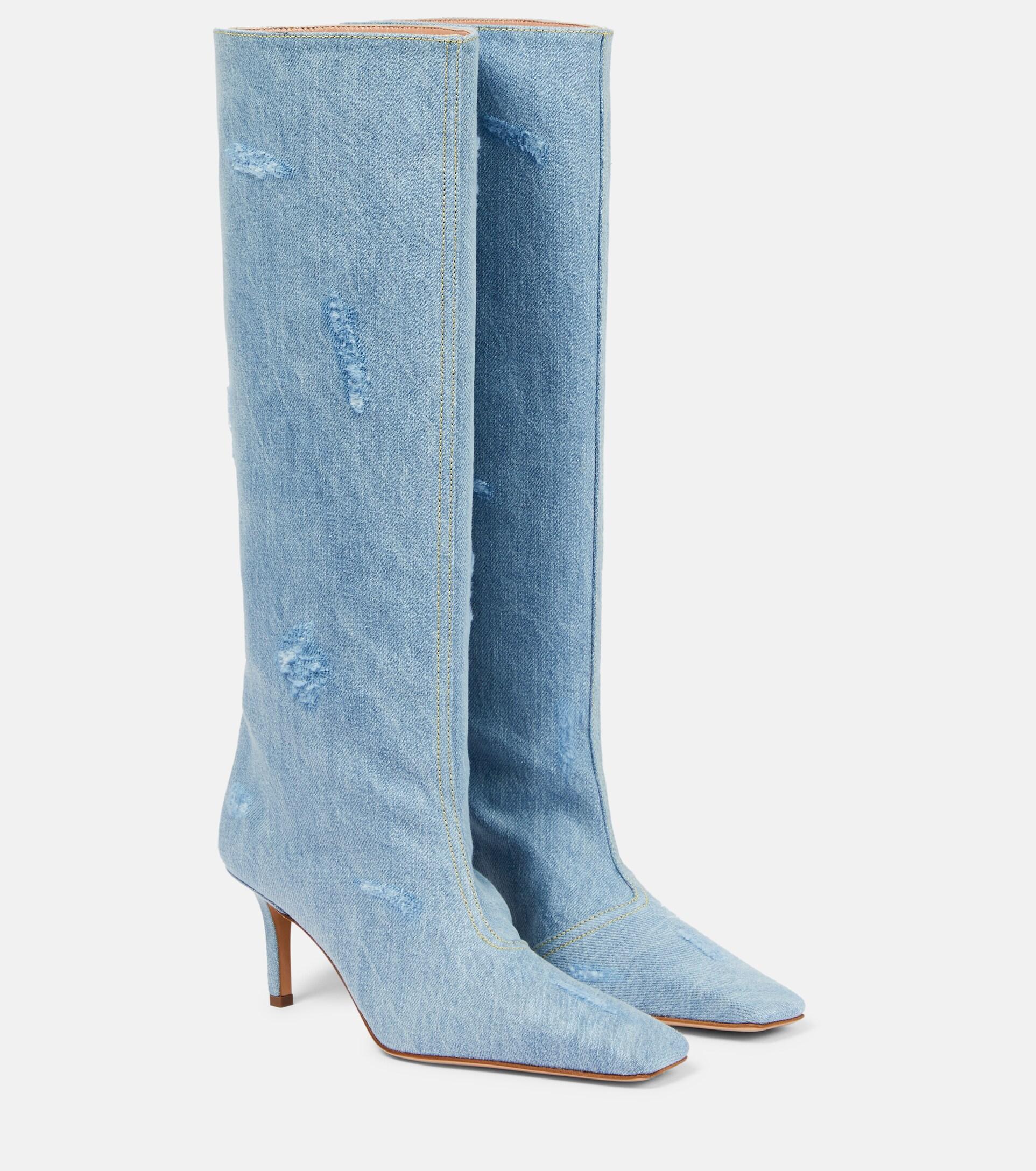 Acne Studios Distressed Denim Knee-high Boots in Blue | Lyst
