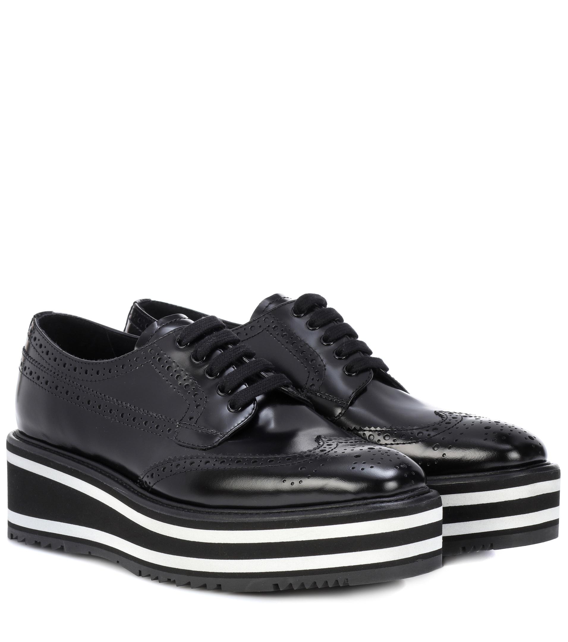 Prada Wingtip Leather Platform Brogues in Black - Lyst