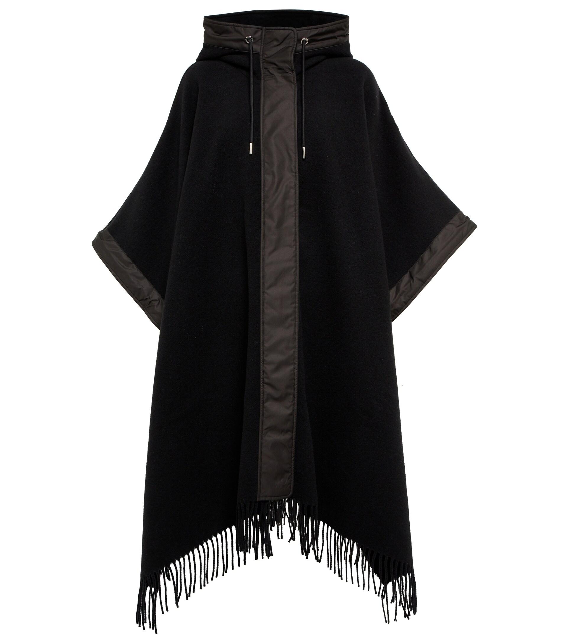Moncler Fringe-trimmed Hooded Wool Cape in Black | Lyst