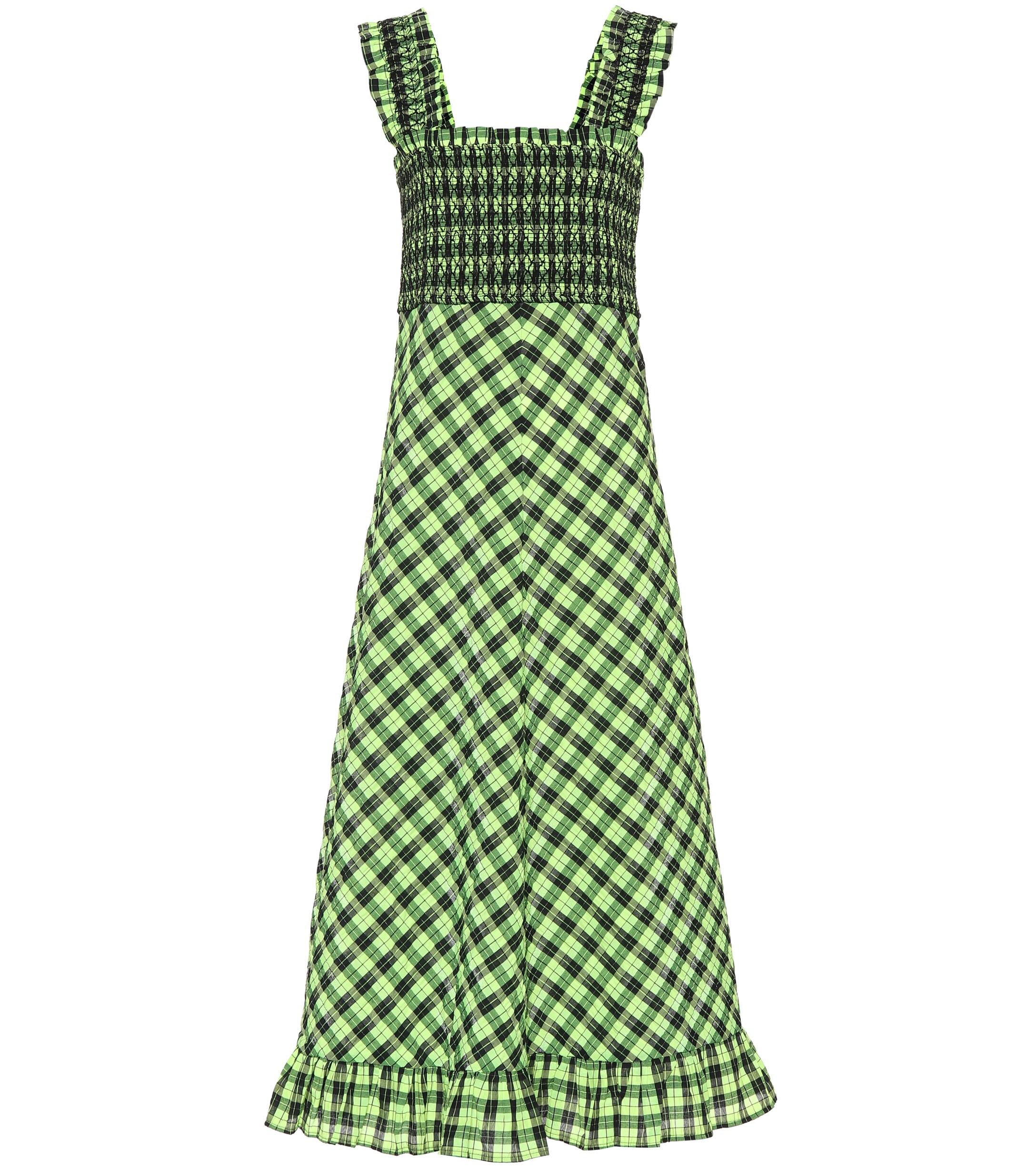 Ganni Checked Seersucker Midi Dress in Green | Lyst