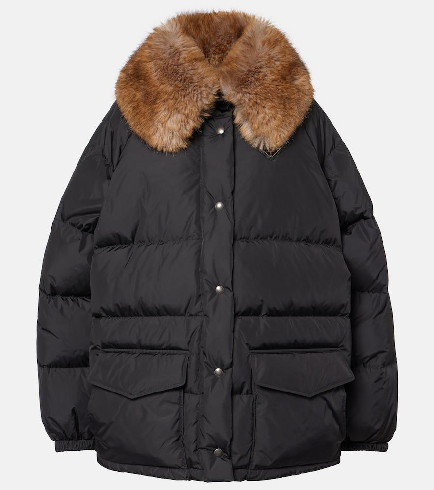 Prada Faux Fur-Trimmed Down Jacket in Black | Lyst