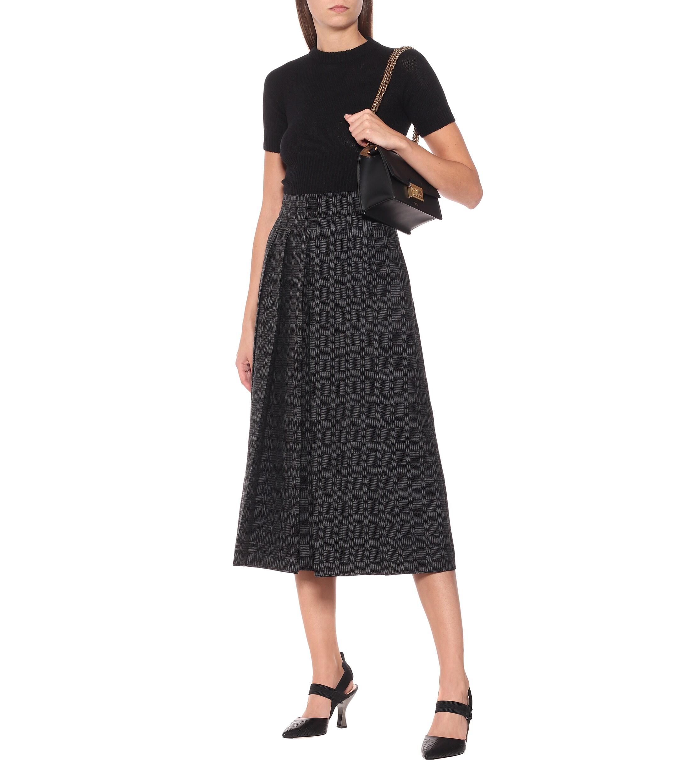 Fendi Pleated Wool Midi Skirt in Grey (Gray) - Lyst