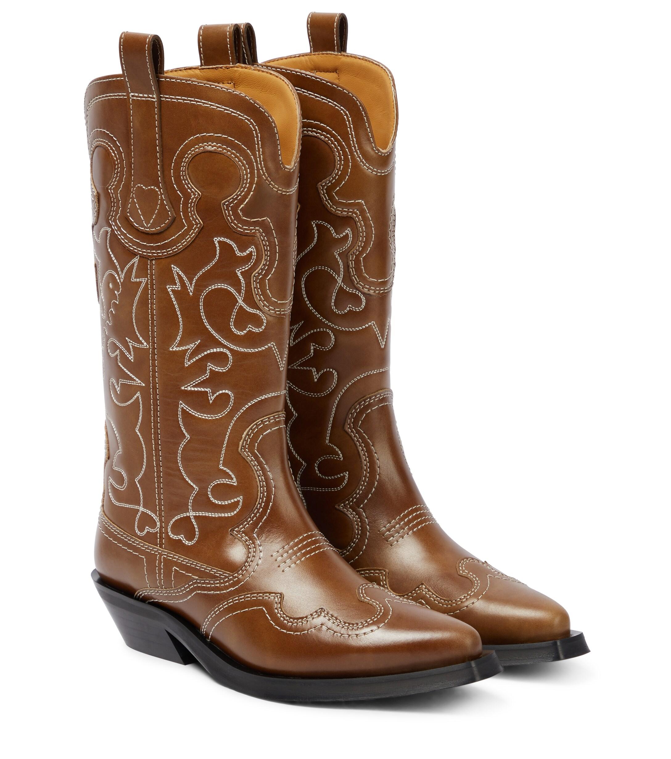 Ganni Embroidered Leather Cowboy Boots in Brown Lyst UK