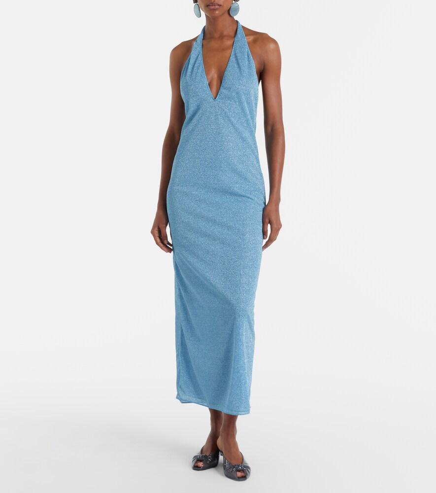 slim fit dress slacks Oseree Lumiere Feather Trimmed Metallic Stretch Knit Halterneck Dress main image 1