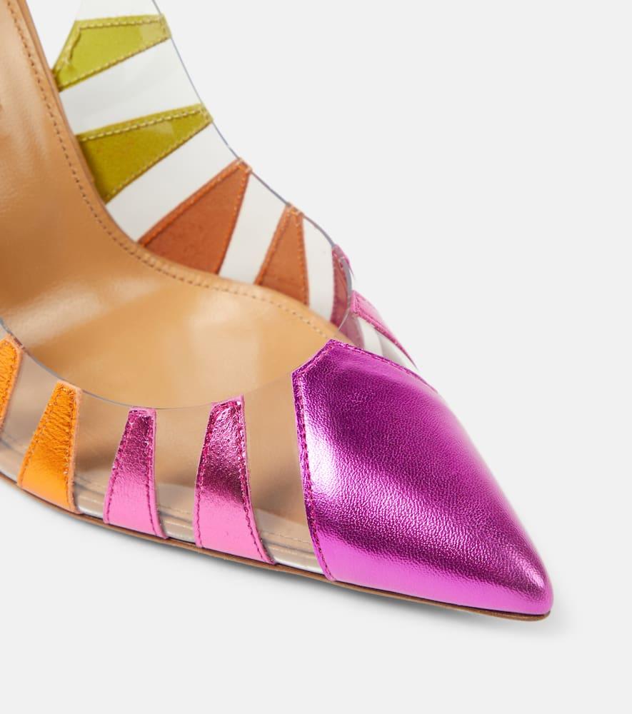【Aquazzura】 Hot Rumorレザーアンド PVC 105スリングバックパ Hot Rumor 105 leather and PVC slingback pumps in white