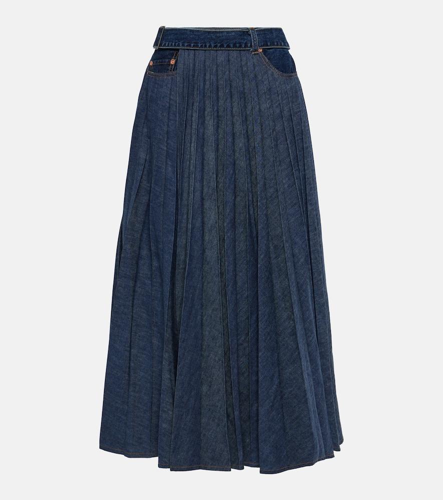 Sacai Pleated Denim Midi Skirt in Blue | Lyst
