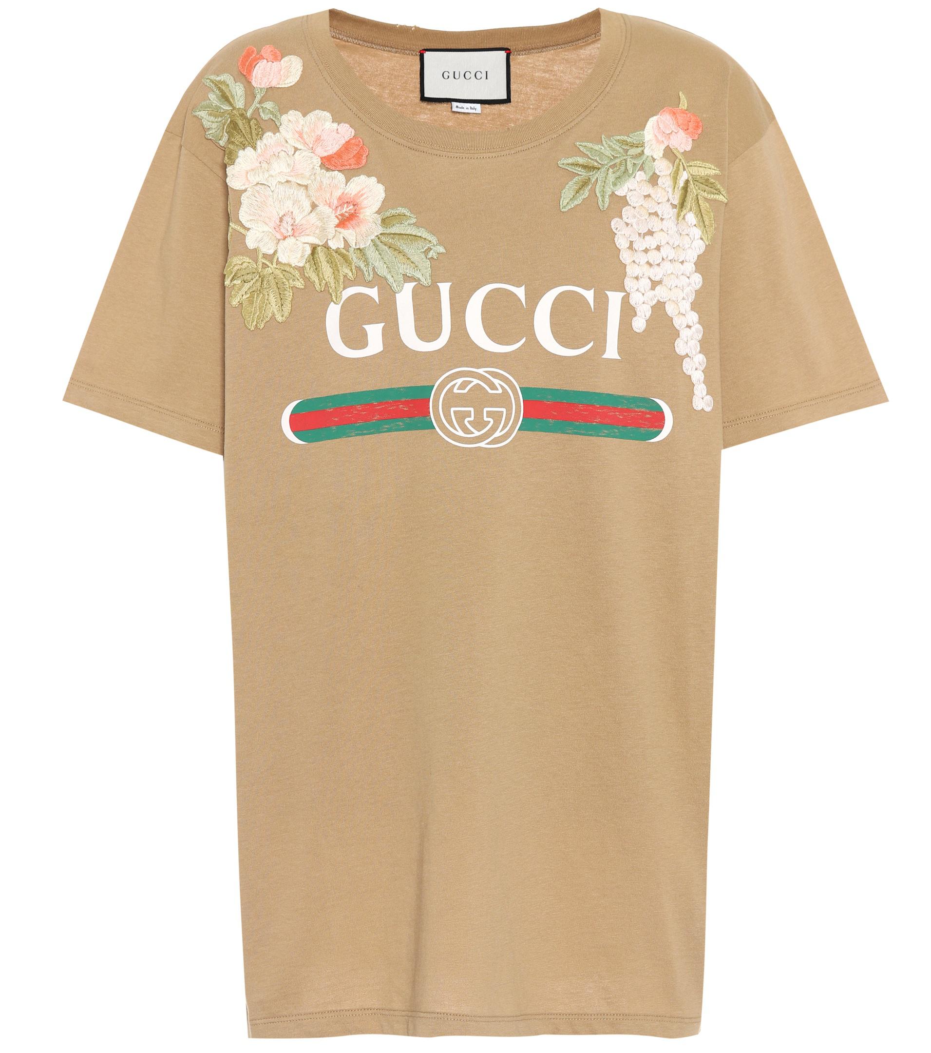 Gucci Embroidered Cotton T-shirt in Brown | Lyst