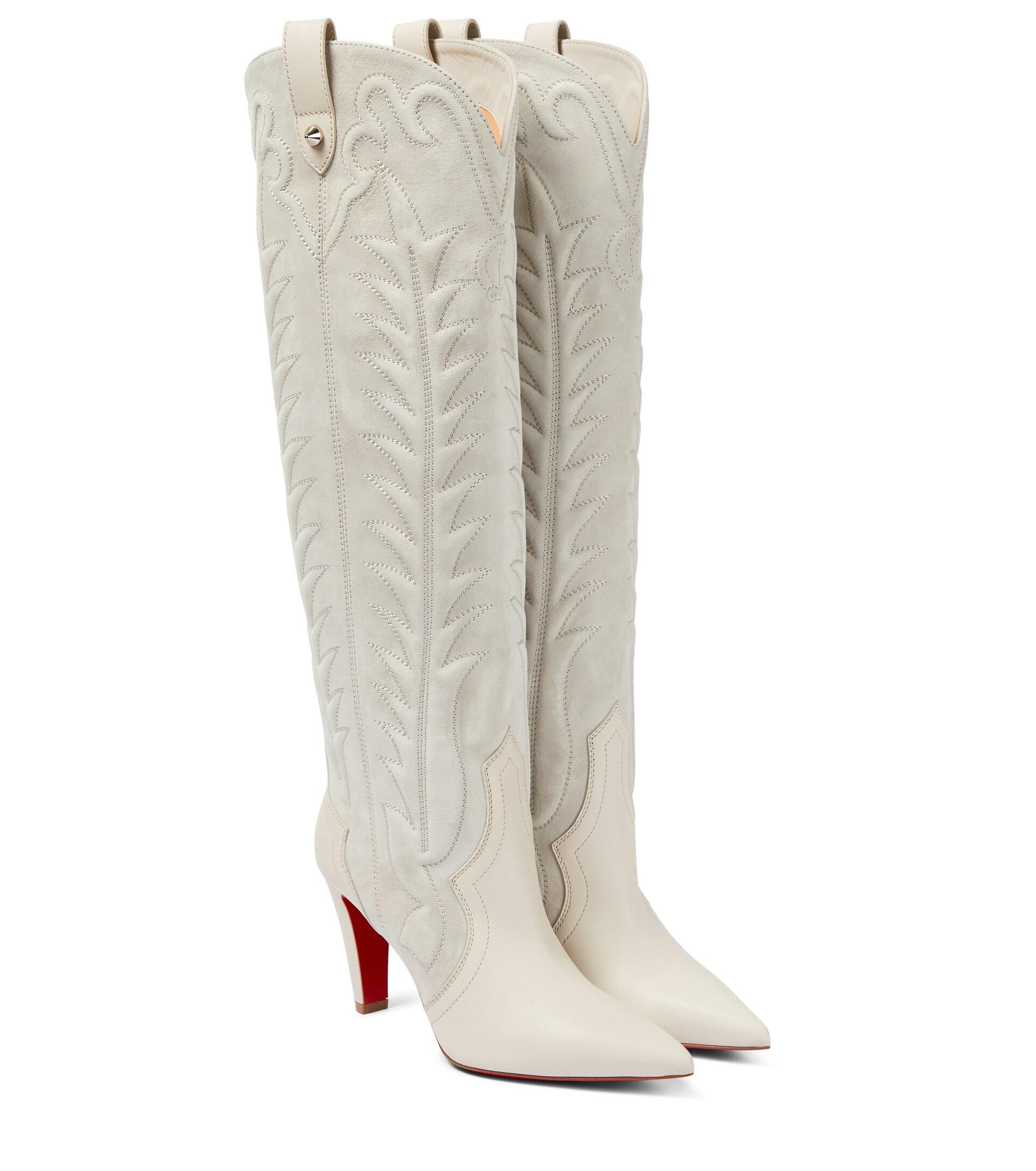 Christian Louboutin Santia Botta 85 White Cowboy Suede Knee High Heel Boot  37.5