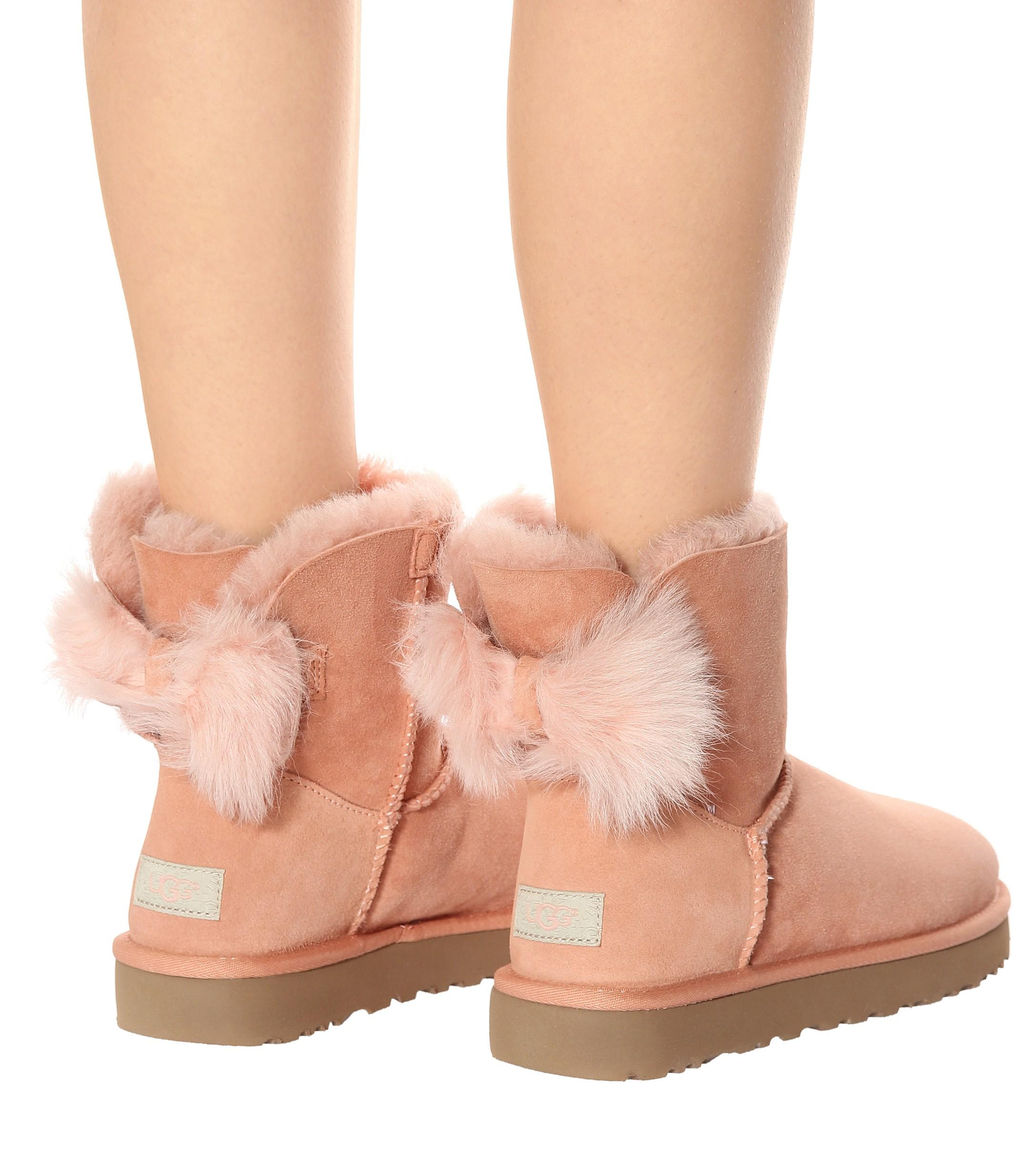 UGG Leather Fluff Bow Mini Ankle Boots in Pink | Lyst