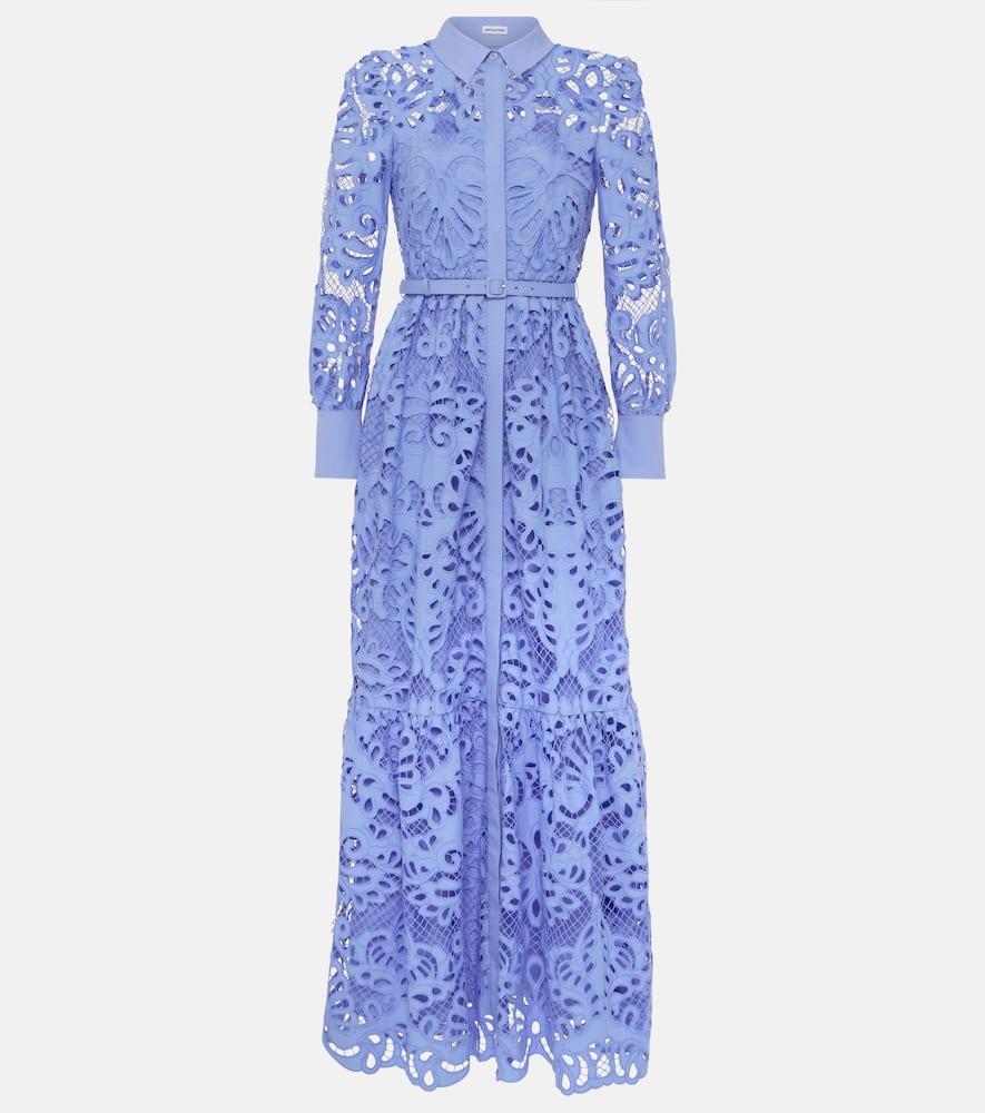 Self-Portrait Belted Cotton Lace Maxi Dress in Blue | Lyst