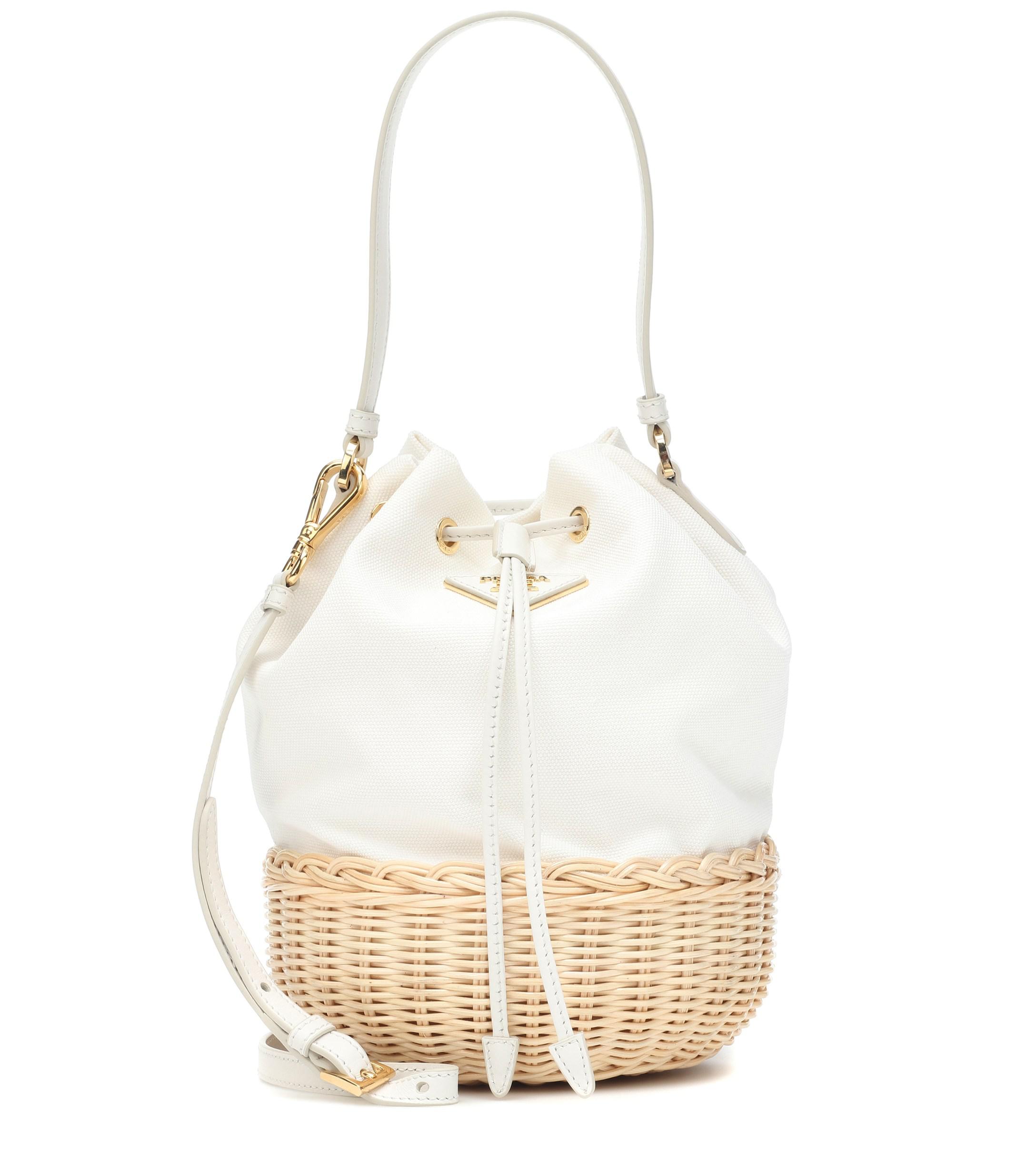 Natural/white Prada Panier Wicker And Canvas Bag