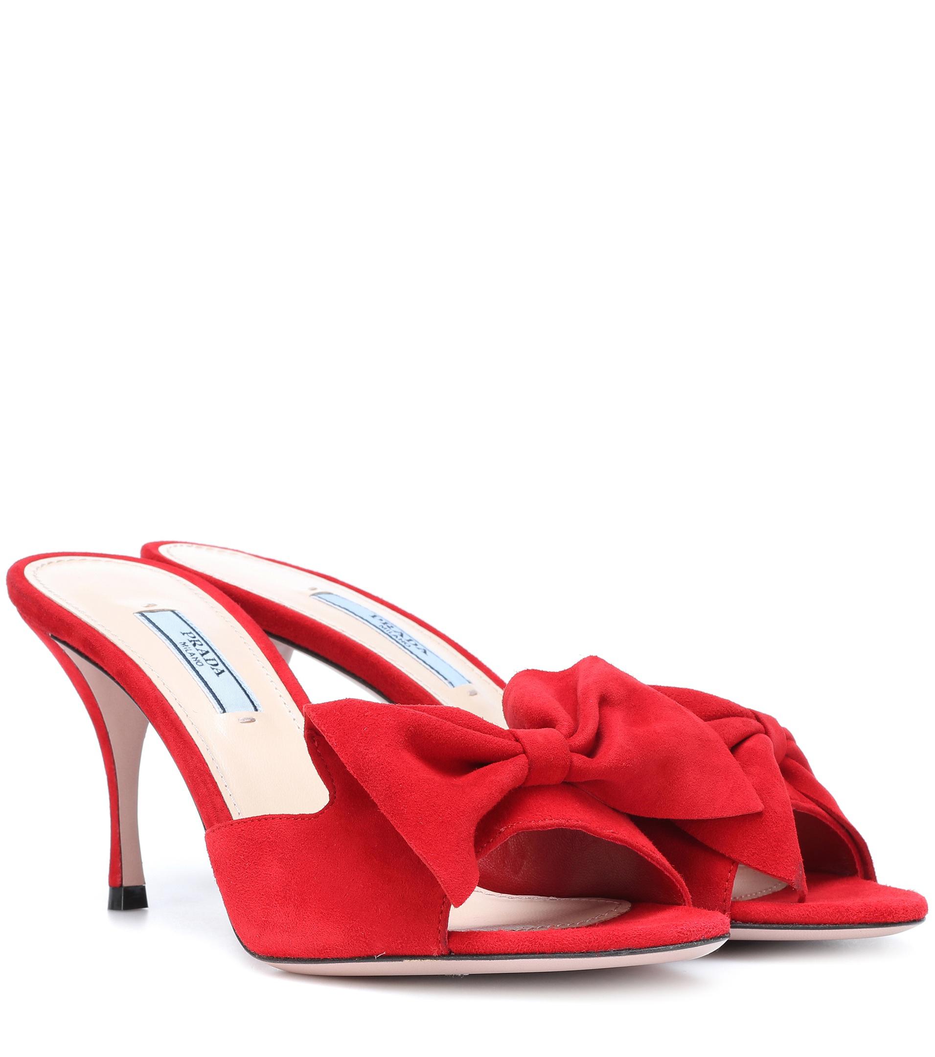 Prada Suede Bow Mules in Red | Lyst