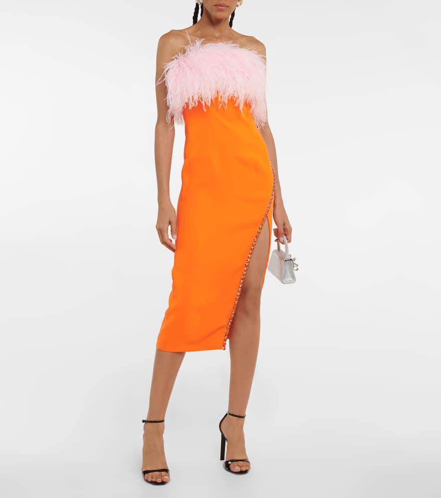 Self Portrait >> フェザートリムミディドレス in オレンジ Self-Portrait Feather-Trimmed Crepe Midi Dress in Orange | Lyst