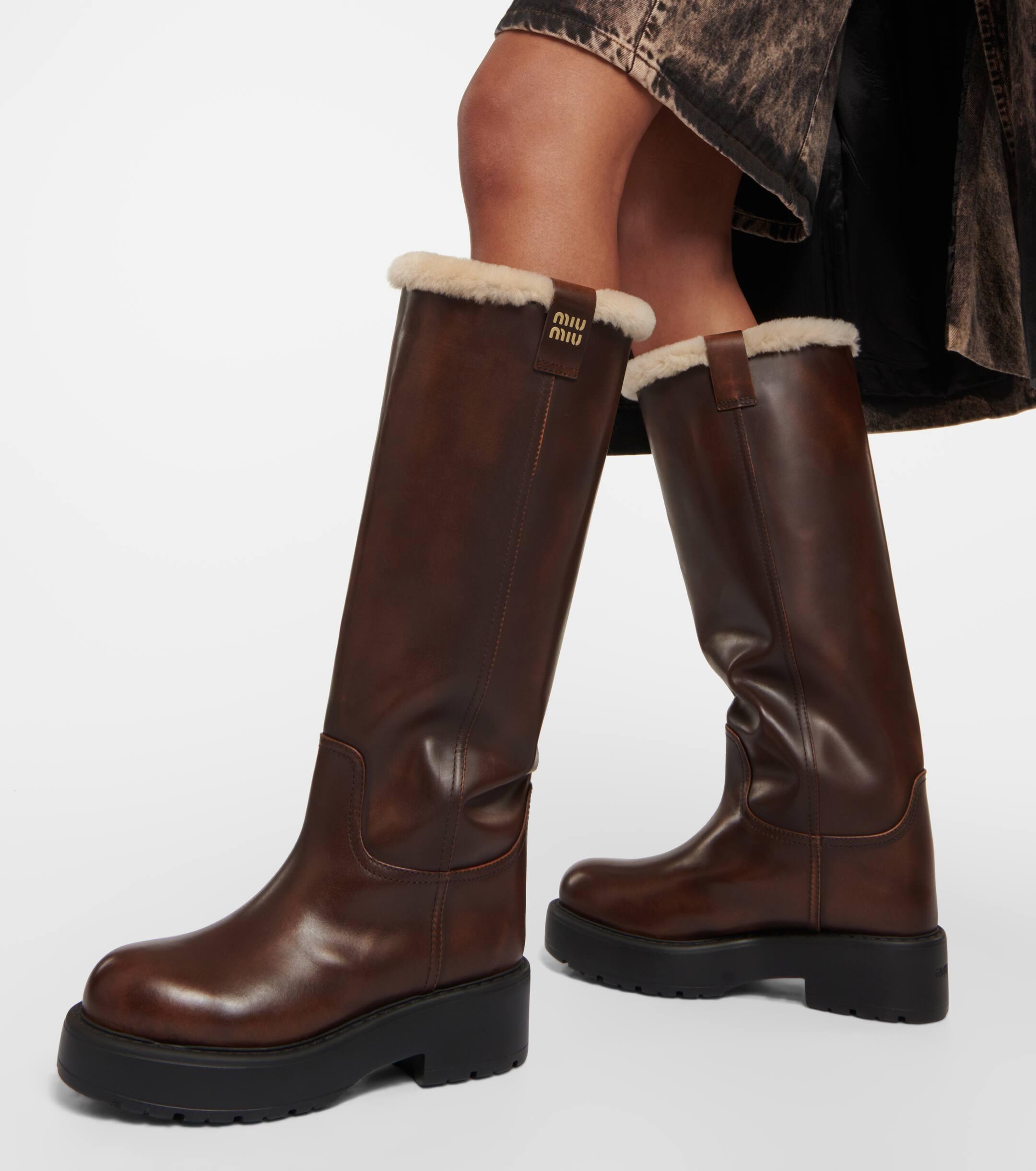 Miu Miu Shearling Lined Leather Knee High Boots in Brown Lyst UK