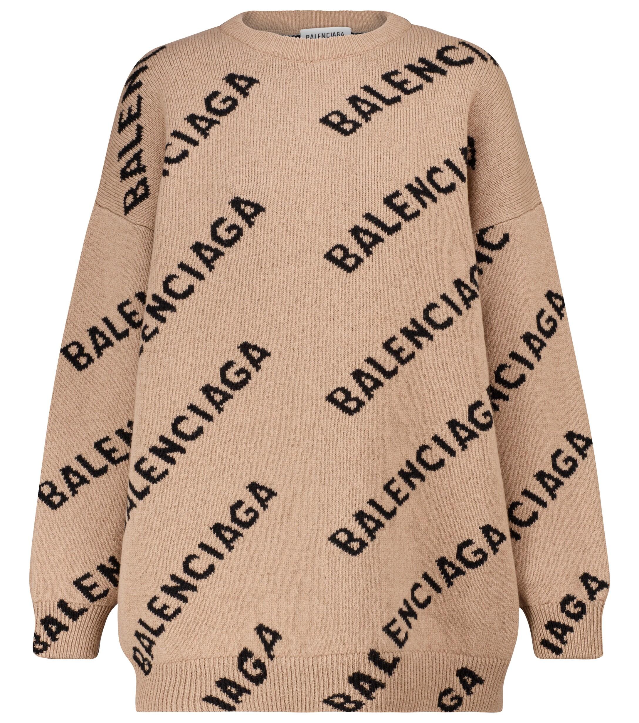 Balenciaga Logo Intarsia Wool-blend Knit Crewneck Sweater in Natural | Lyst