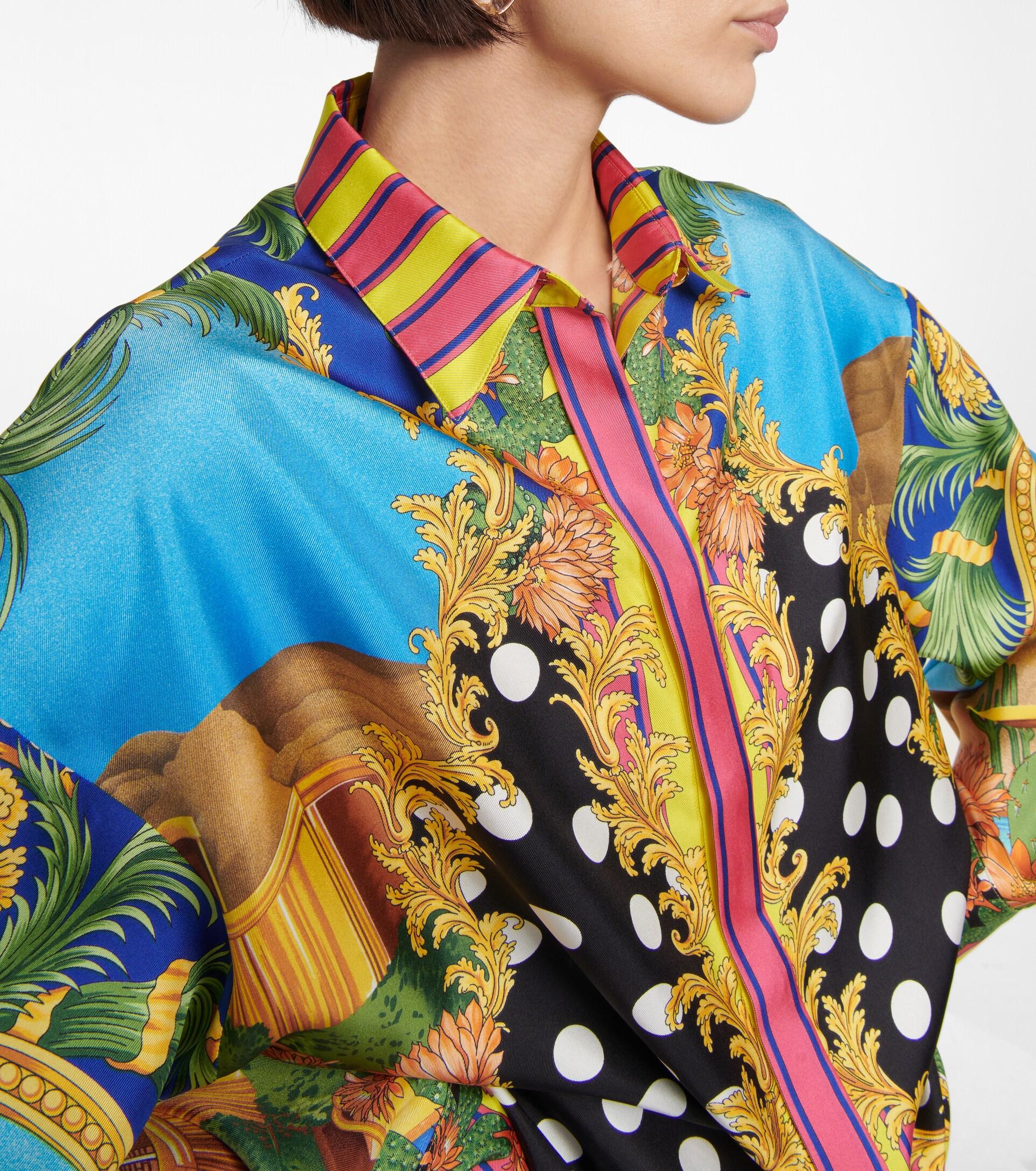 Versace Medusa Palm Springs Tie front Silk Blouse in Blue Lyst