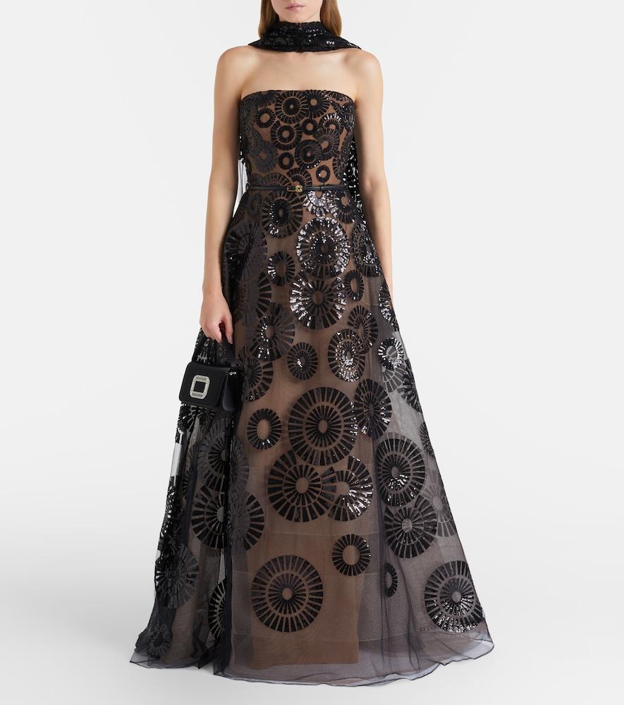 princess polly baby blue dress ELIE SAAB Strapless sequin-embellished embroidered tulle midi dress
