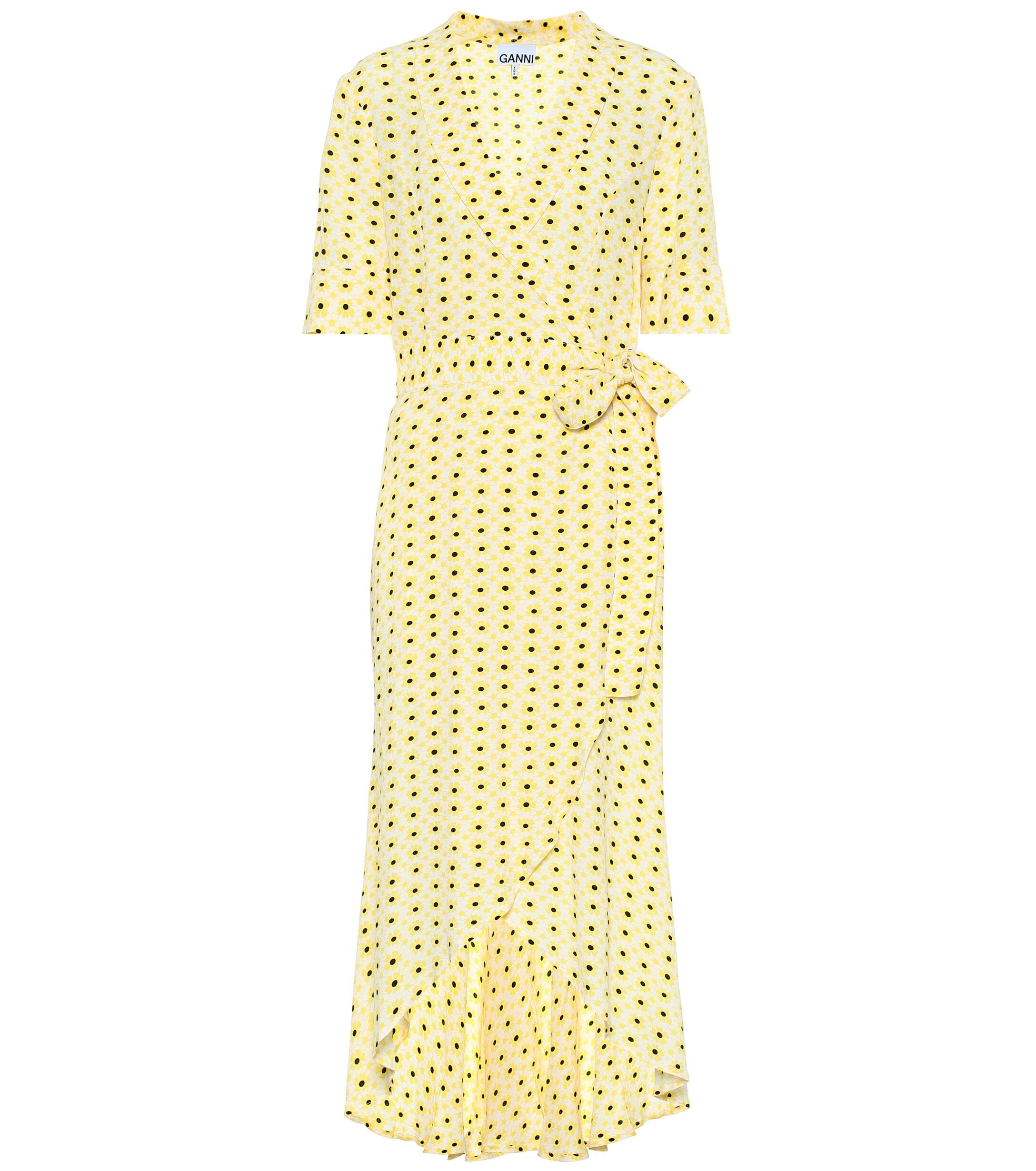 Ganni Floral Crêpe Midi Wrap Dress in Yellow - Lyst