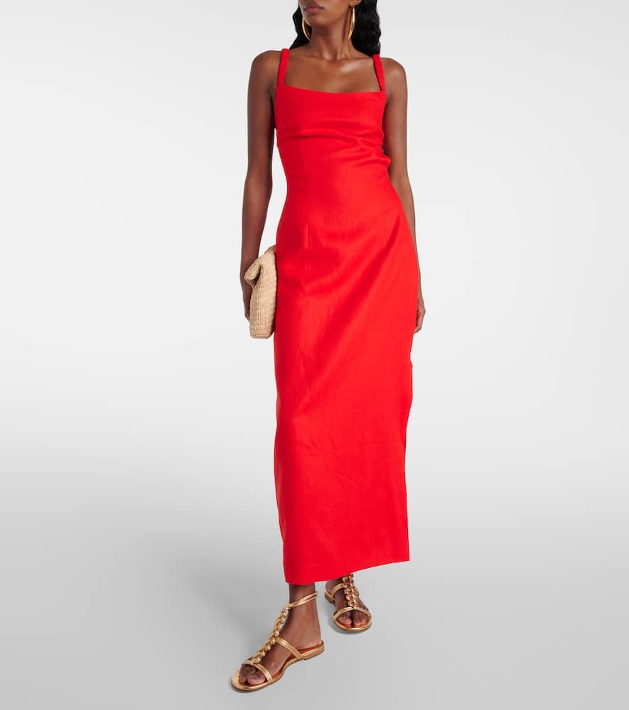 Primrose Ruched Linen Maxi Dress in Red Lyst UK