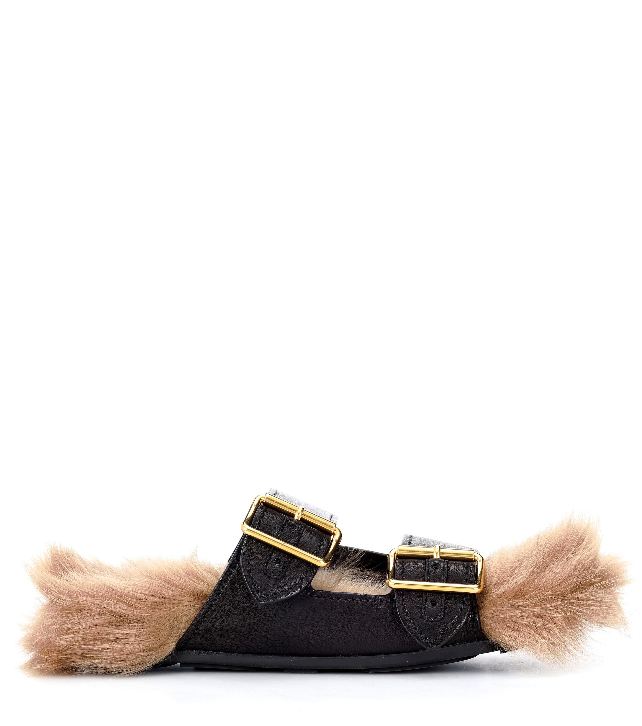 Prada Fur-lined Leather Sandals in Black | Lyst